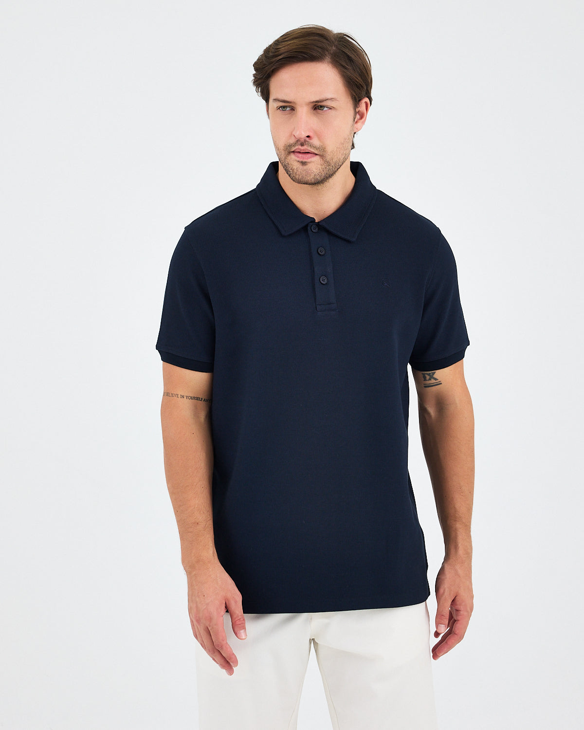 Men's Navy Embroidered BCI Cotton Standard Fit Polo Neck T-Shirt - 1010704