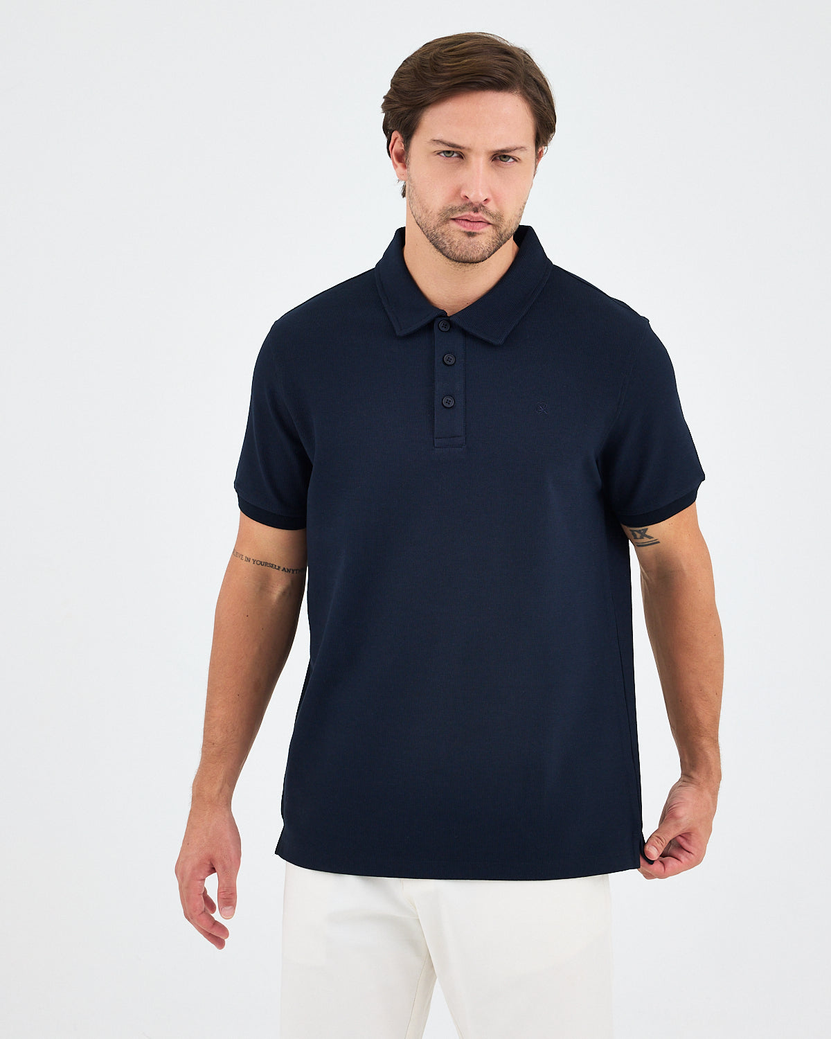 Men's Navy Embroidered BCI Cotton Standard Fit Polo Neck T-Shirt - 1010704