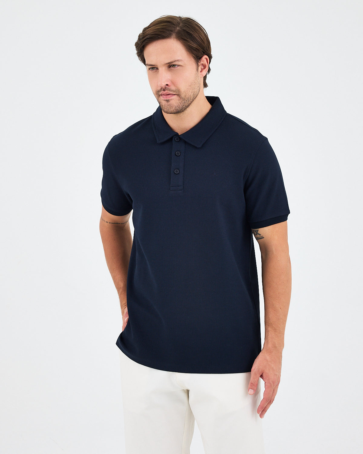 Men's Navy Embroidered BCI Cotton Standard Fit Polo Neck T-Shirt - 1010704