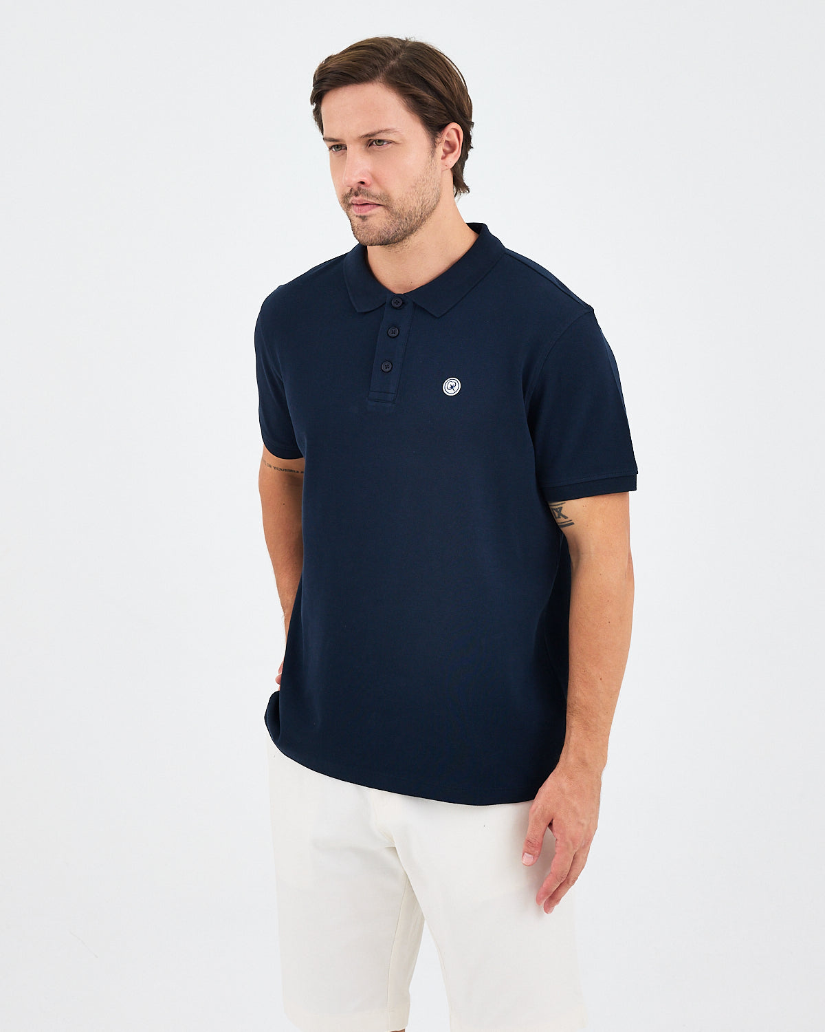 Erkek Lacivert Beyaz Aplike Logo Organik Pamuk Standart Kesim Polo Yaka T-shirt