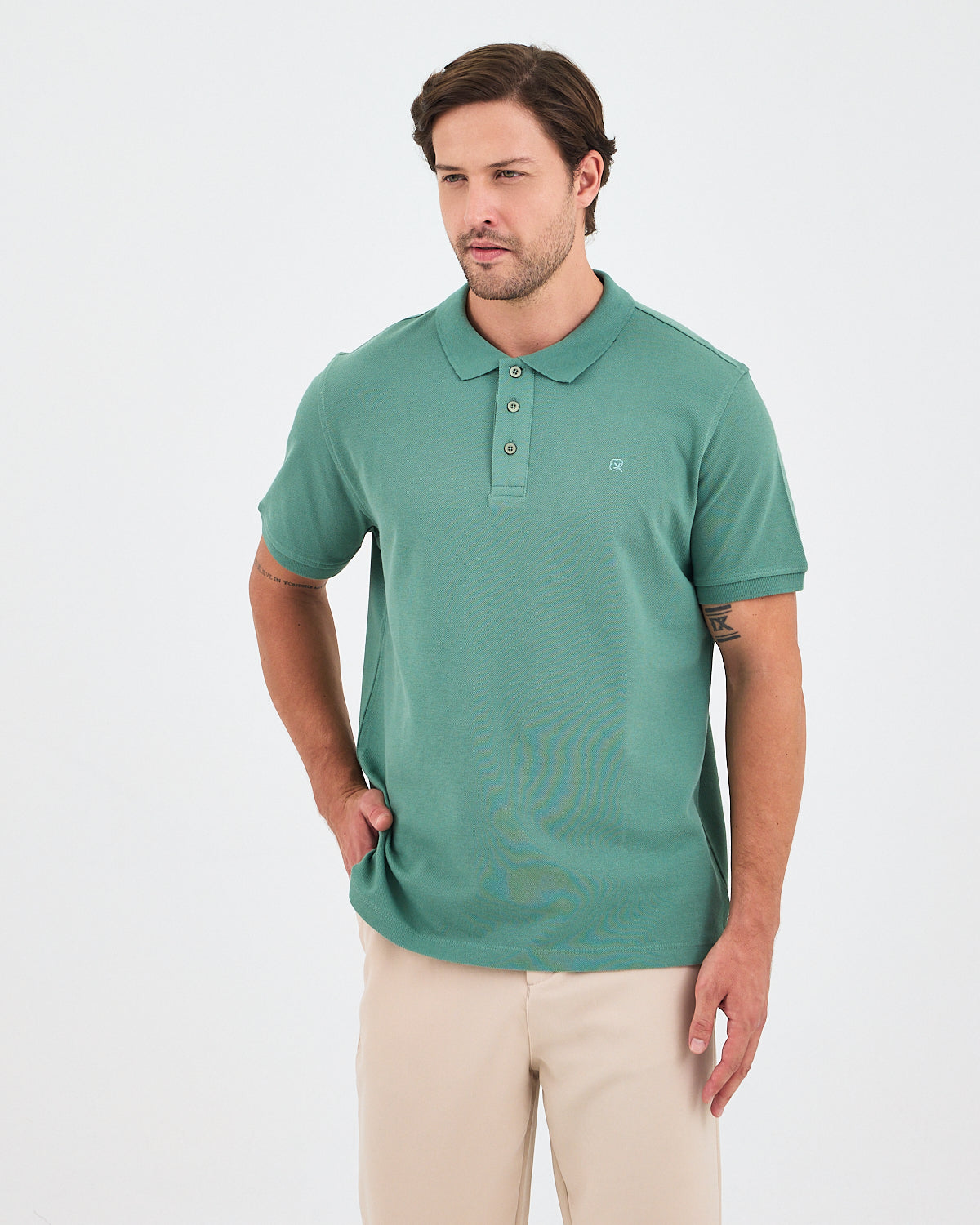 Erkek Turkuaz Nakış Organik Pamuk Standart Kalıp Polo Yaka T-Shirt