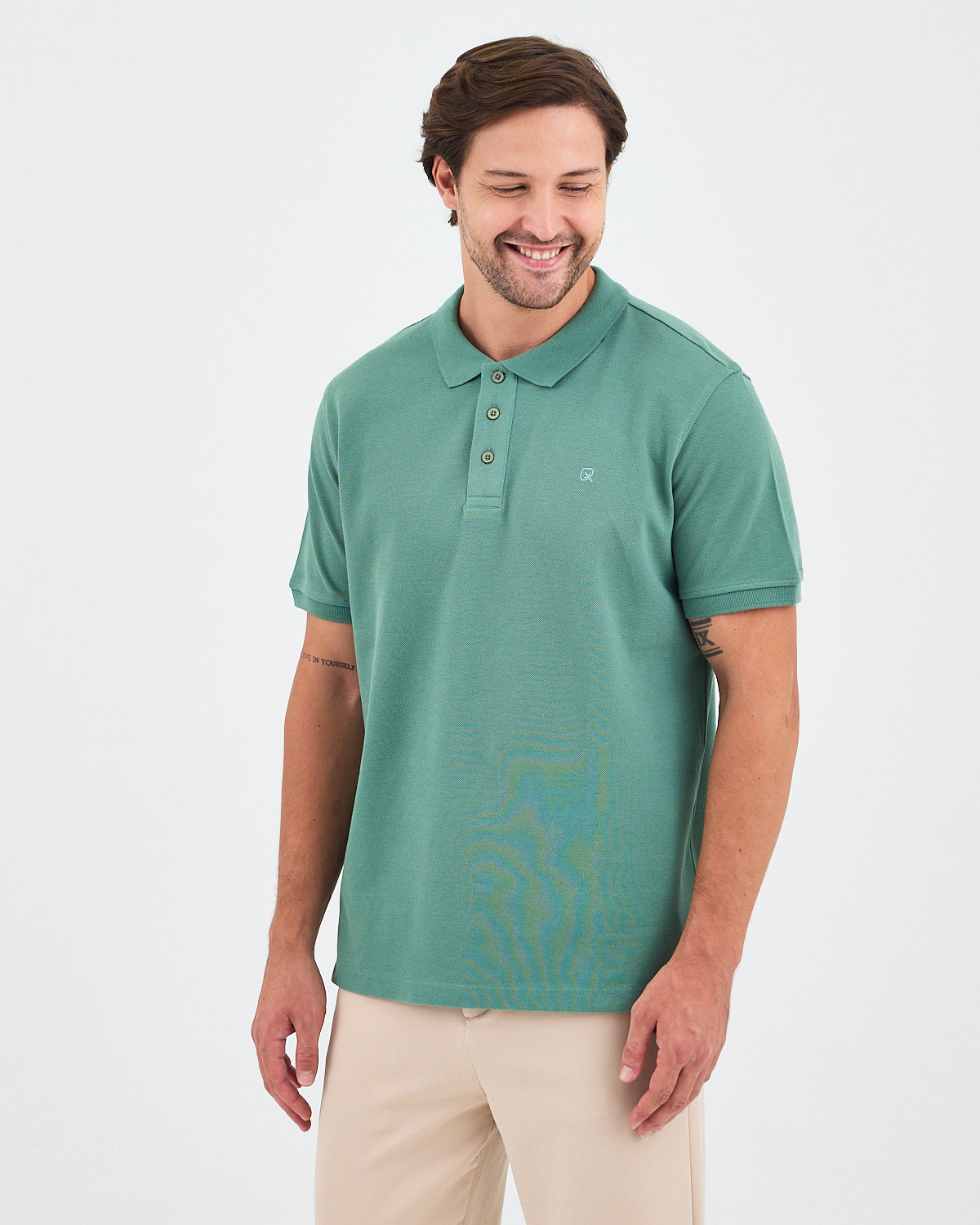 Erkek Turkuaz Nakış Organik Pamuk Standart Kalıp Polo Yaka T-Shirt