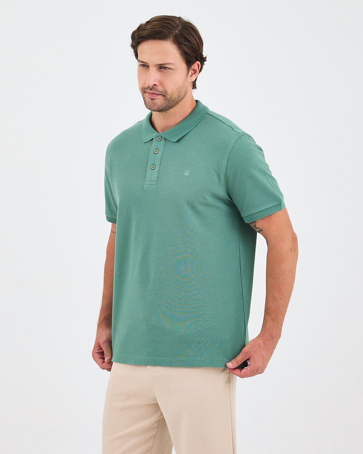Erkek Turkuaz Nakış Organik Pamuk Standart Kalıp Polo Yaka T-Shirt