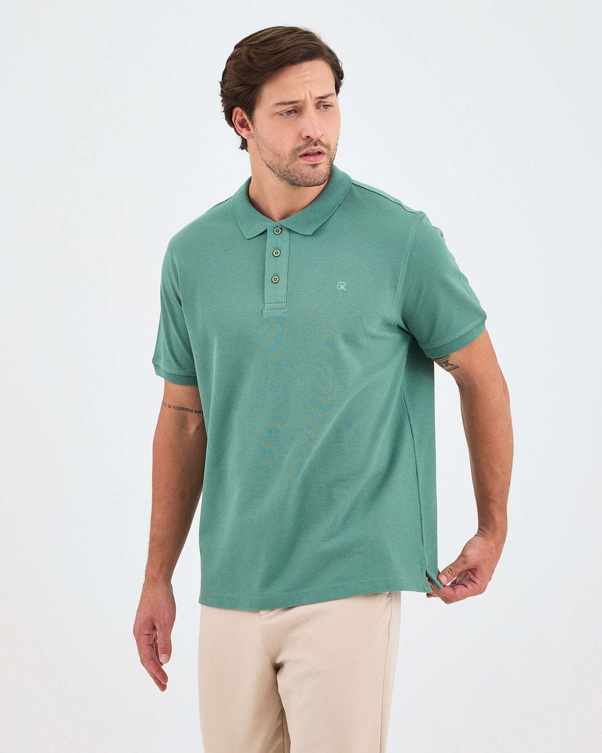 Erkek Turkuaz Nakış Organik Pamuk Standart Kalıp Polo Yaka T-Shirt