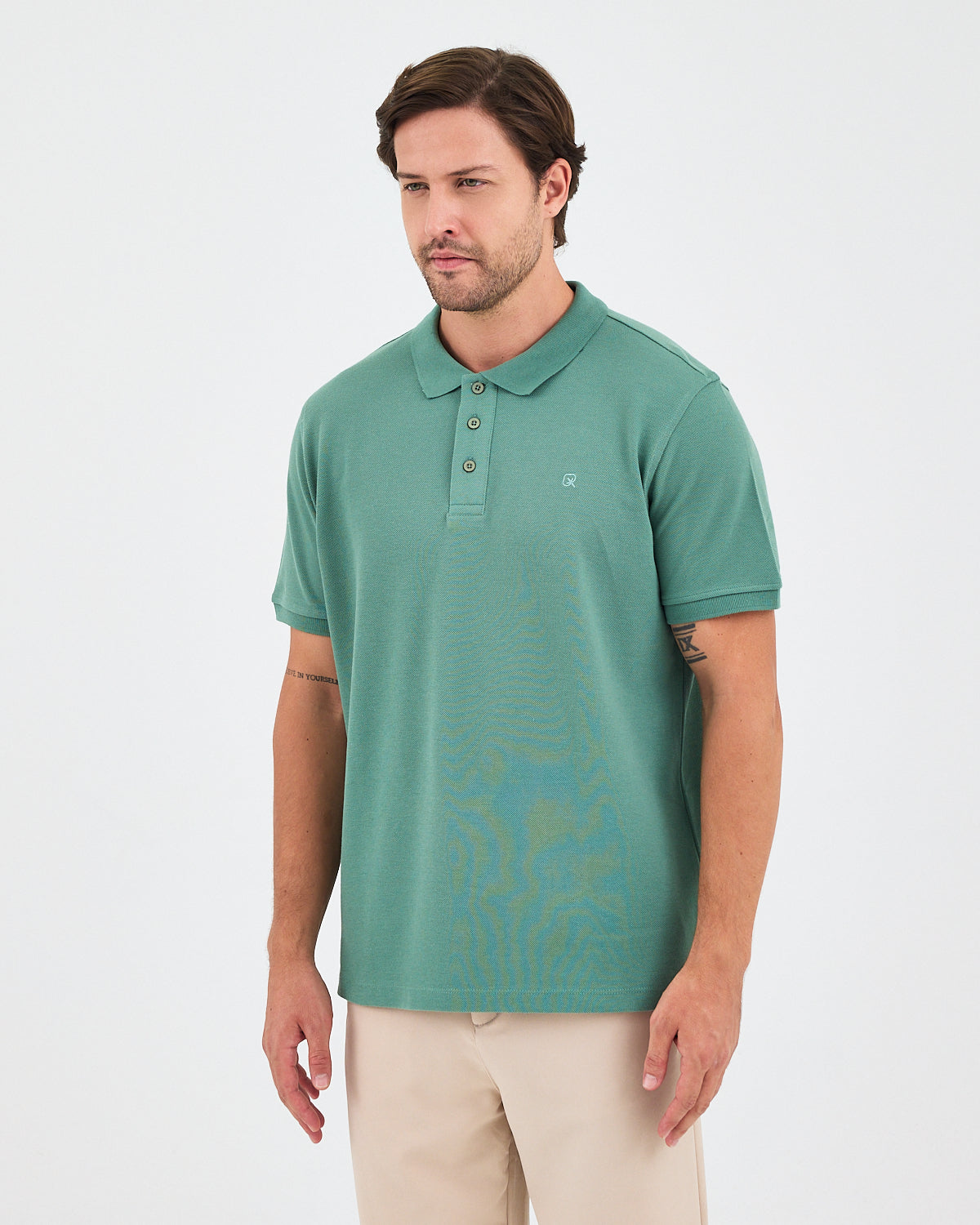 Erkek Turkuaz Nakış Organik Pamuk Standart Kalıp Polo Yaka T-Shirt