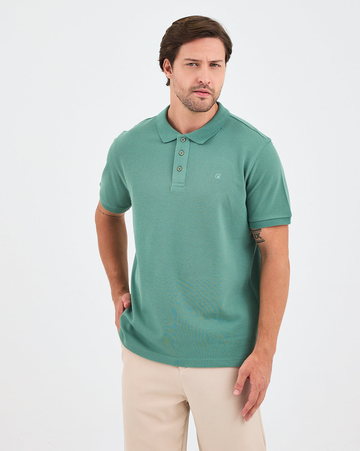Erkek Turkuaz Nakış Organik Pamuk Standart Kalıp Polo Yaka T-Shirt