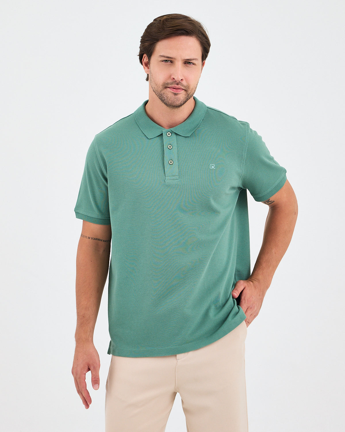 Erkek Turkuaz Nakış Organik Pamuk Standart Kalıp Polo Yaka T-Shirt
