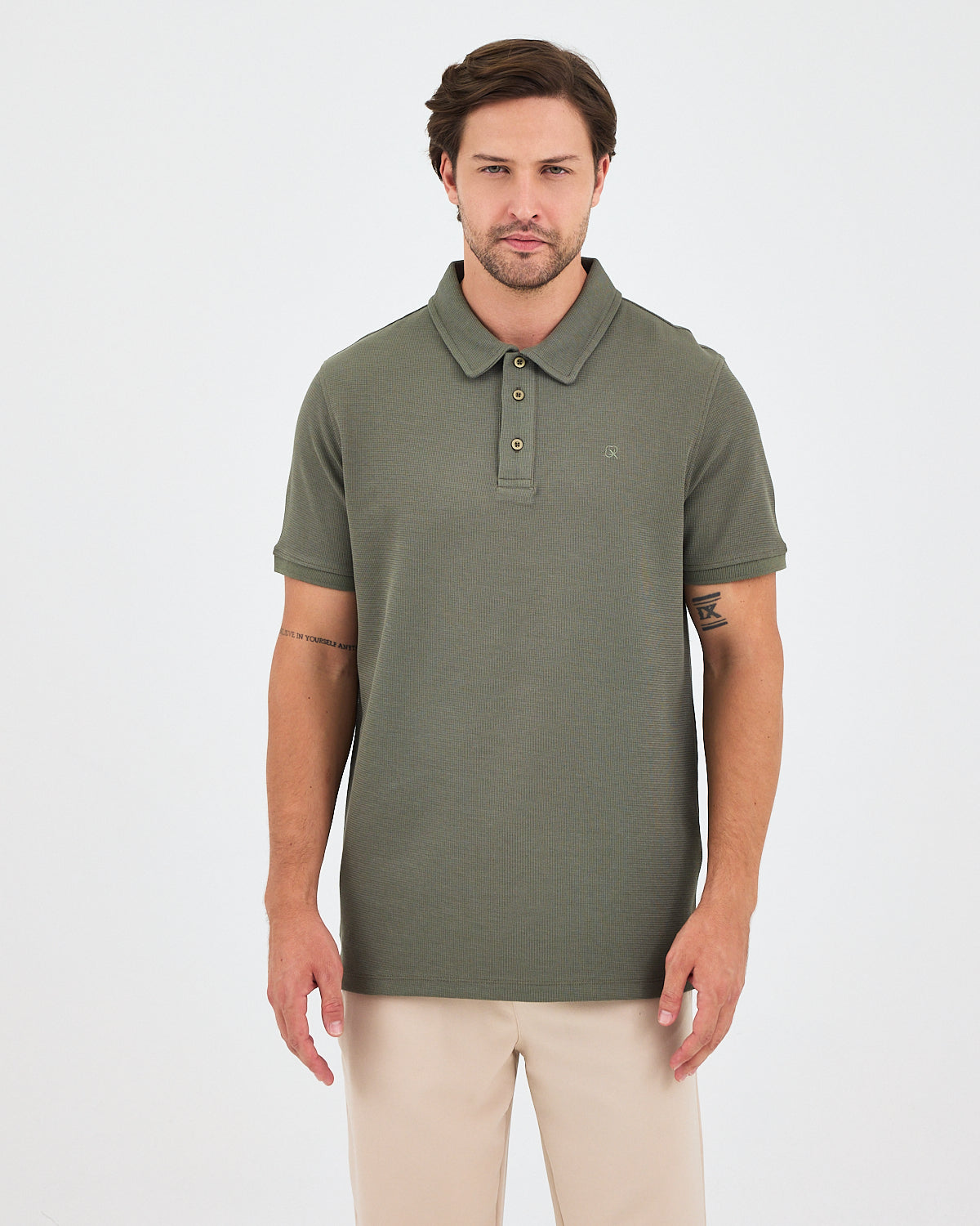 Erkek Haki Nakış Standart Kalıp Polo Yaka T-Shirt – BCI Sertifikalı Pamuk