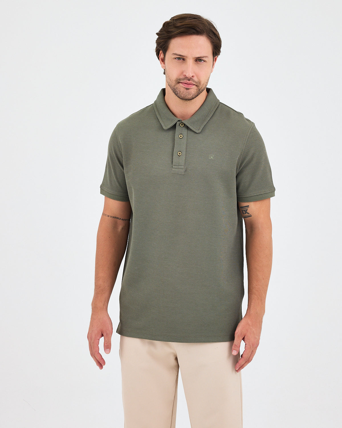 Erkek Haki Nakış Standart Kalıp Polo Yaka T-Shirt – BCI Sertifikalı Pamuk
