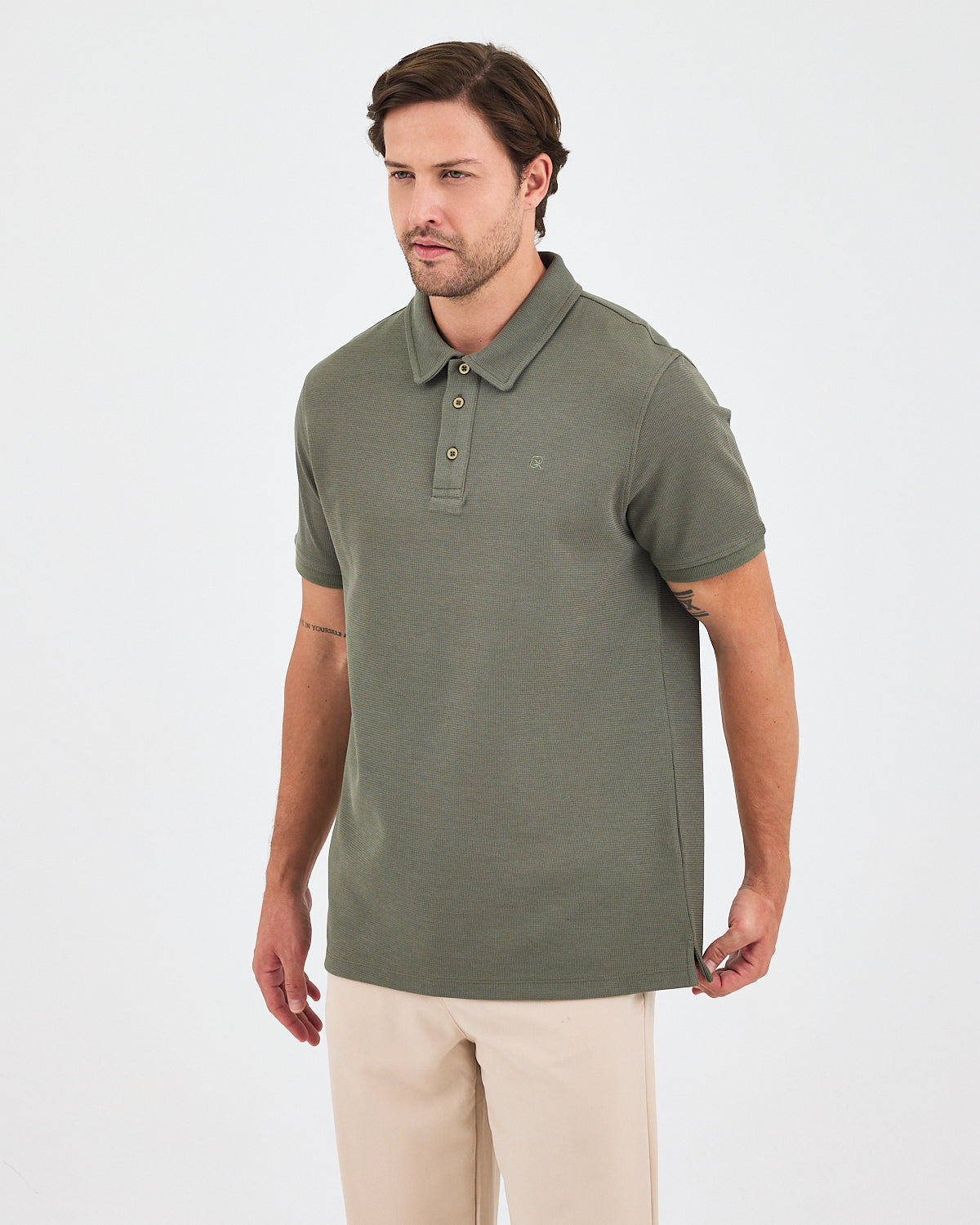 Erkek Haki Nakış Standart Kalıp Polo Yaka T-Shirt – BCI Sertifikalı Pamuk
