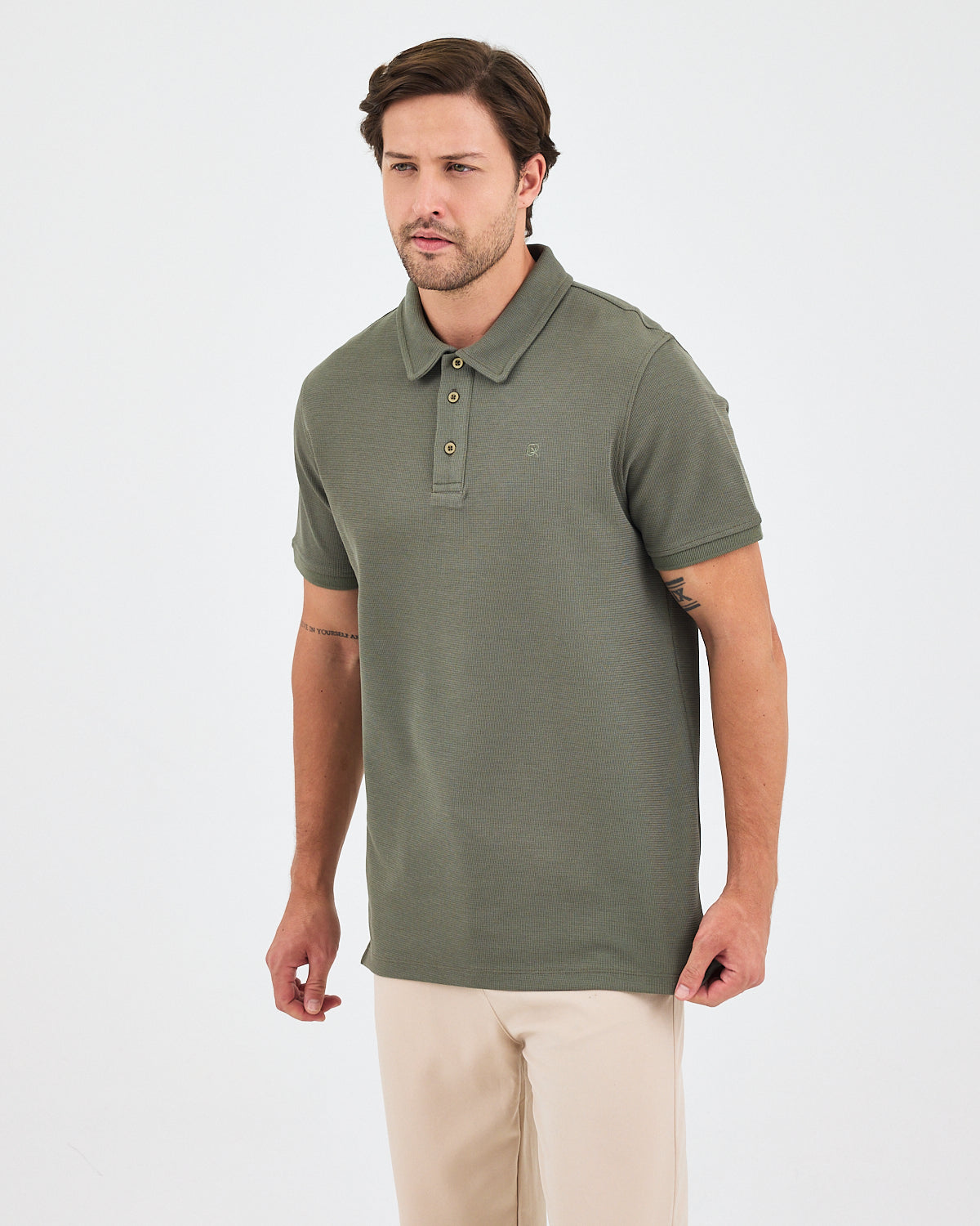 Erkek Haki Nakış Standart Kalıp Polo Yaka T-Shirt – BCI Sertifikalı Pamuk