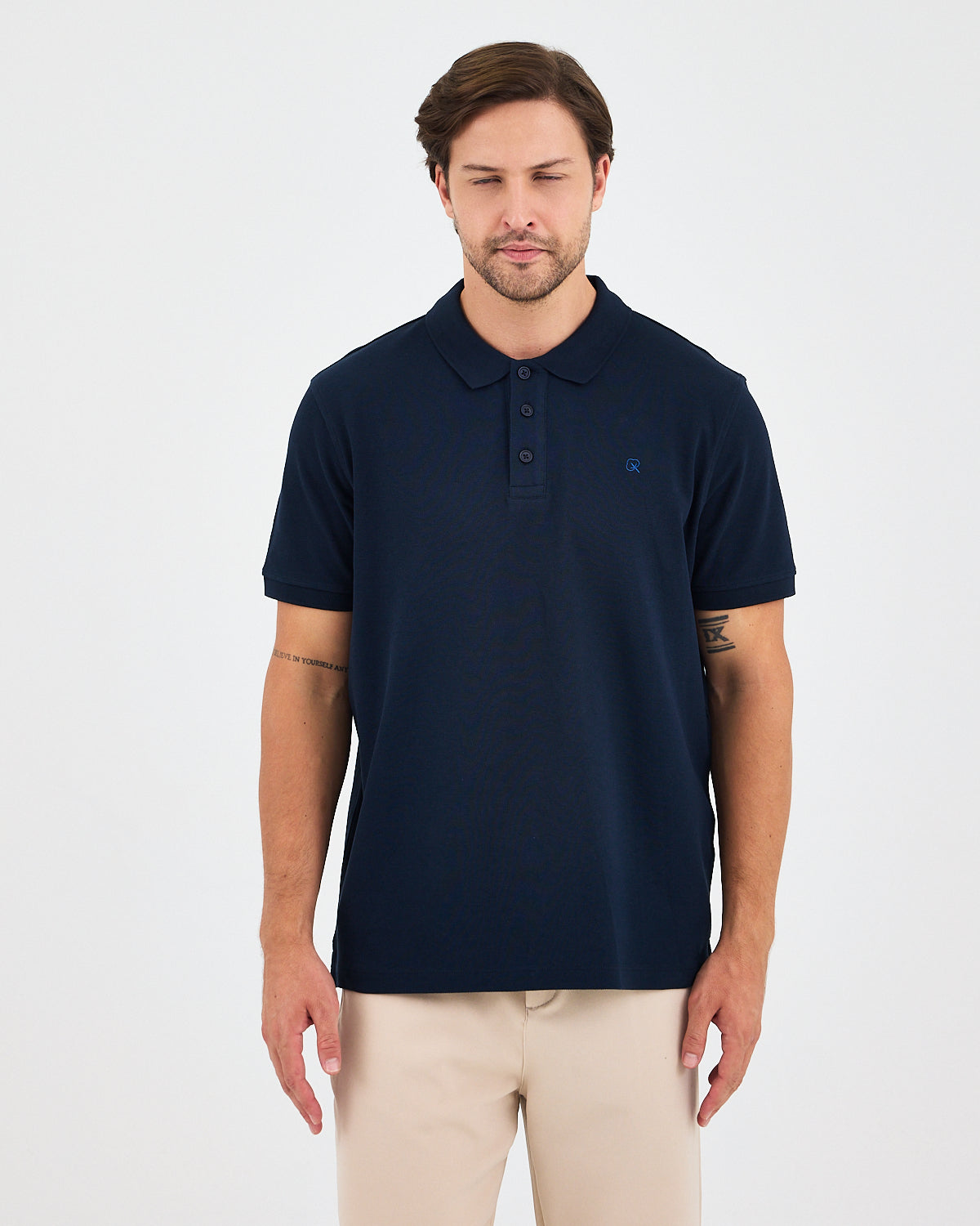 Erkek Lacivert Mavi Nakış Standart Kalıp Organik Pamuk Polo Yaka T-Shirt