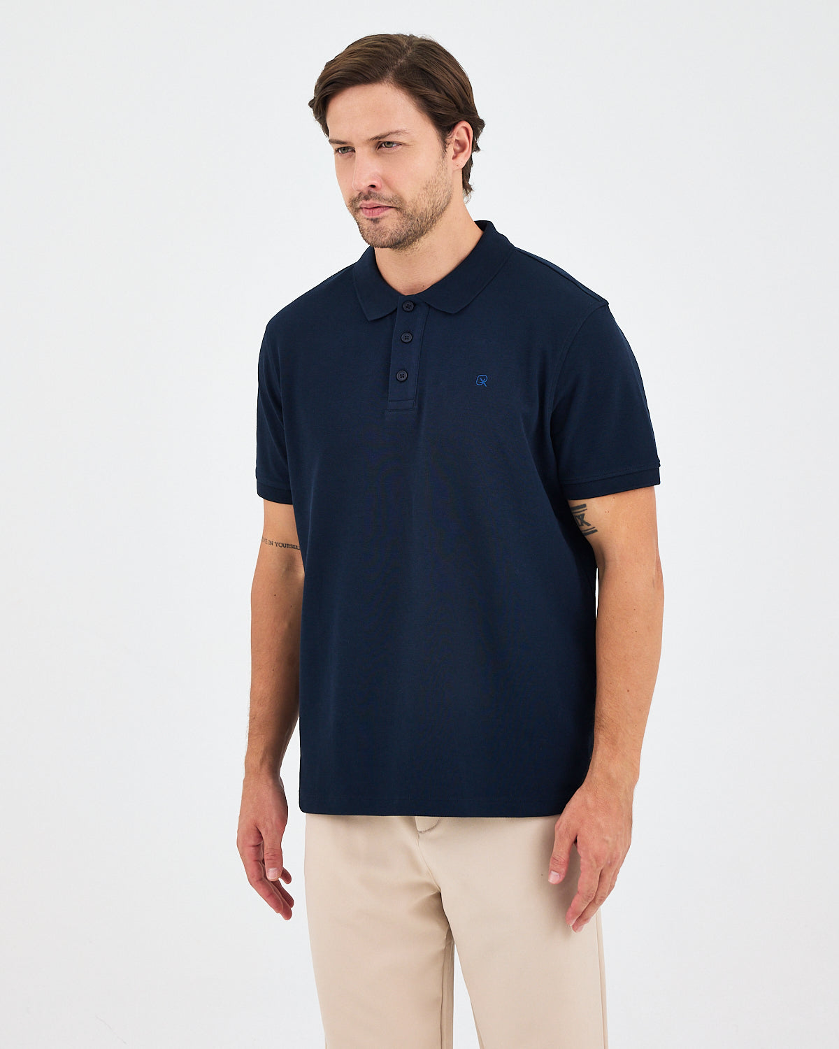 Erkek Lacivert Mavi Nakış Standart Kalıp Organik Pamuk Polo Yaka T-Shirt