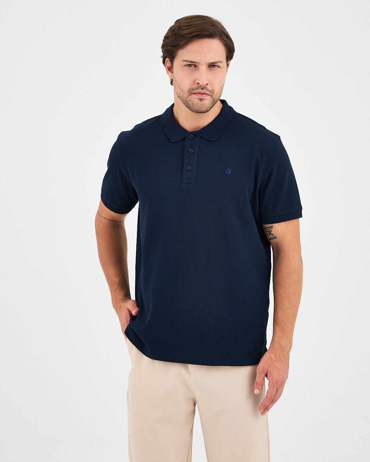 Erkek Lacivert Mavi Nakış Standart Kalıp Organik Pamuk Polo Yaka T-Shirt