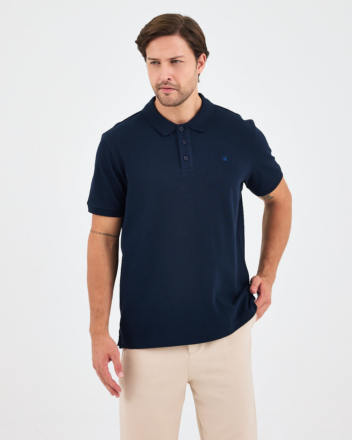 Erkek Lacivert Mavi Nakış Standart Kalıp Organik Pamuk Polo Yaka T-Shirt