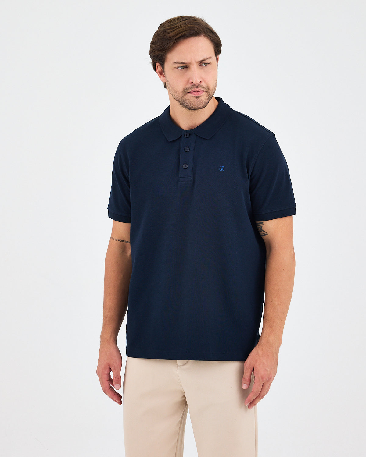 Erkek Lacivert Mavi Nakış Standart Kalıp Organik Pamuk Polo Yaka T-Shirt