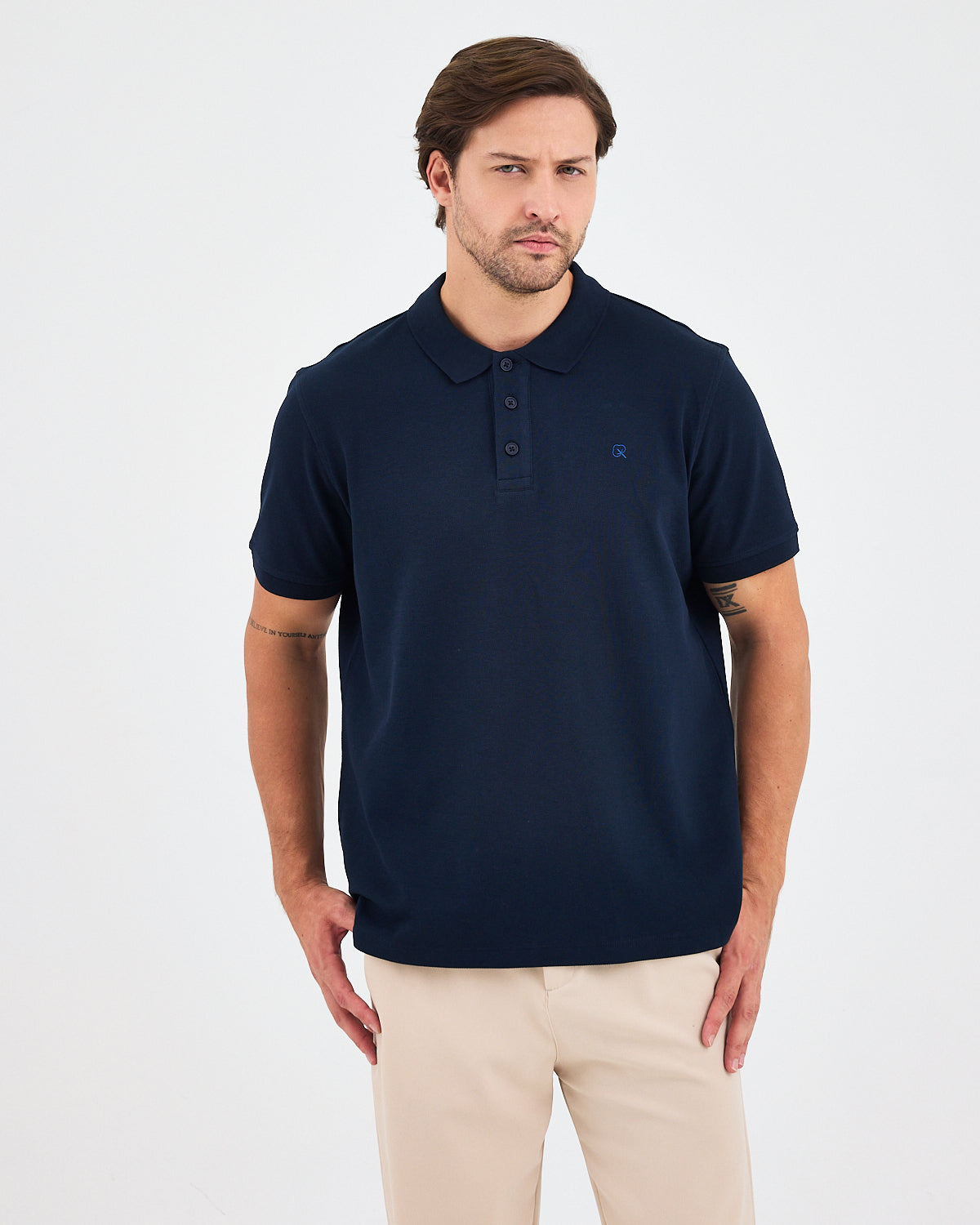 Erkek Lacivert Mavi Nakış Standart Kalıp Organik Pamuk Polo Yaka T-Shirt