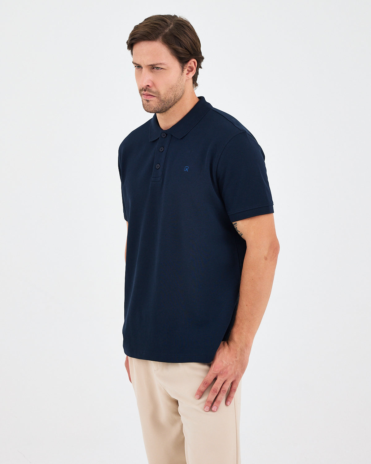 Erkek Lacivert Mavi Nakış Standart Kalıp Organik Pamuk Polo Yaka T-Shirt