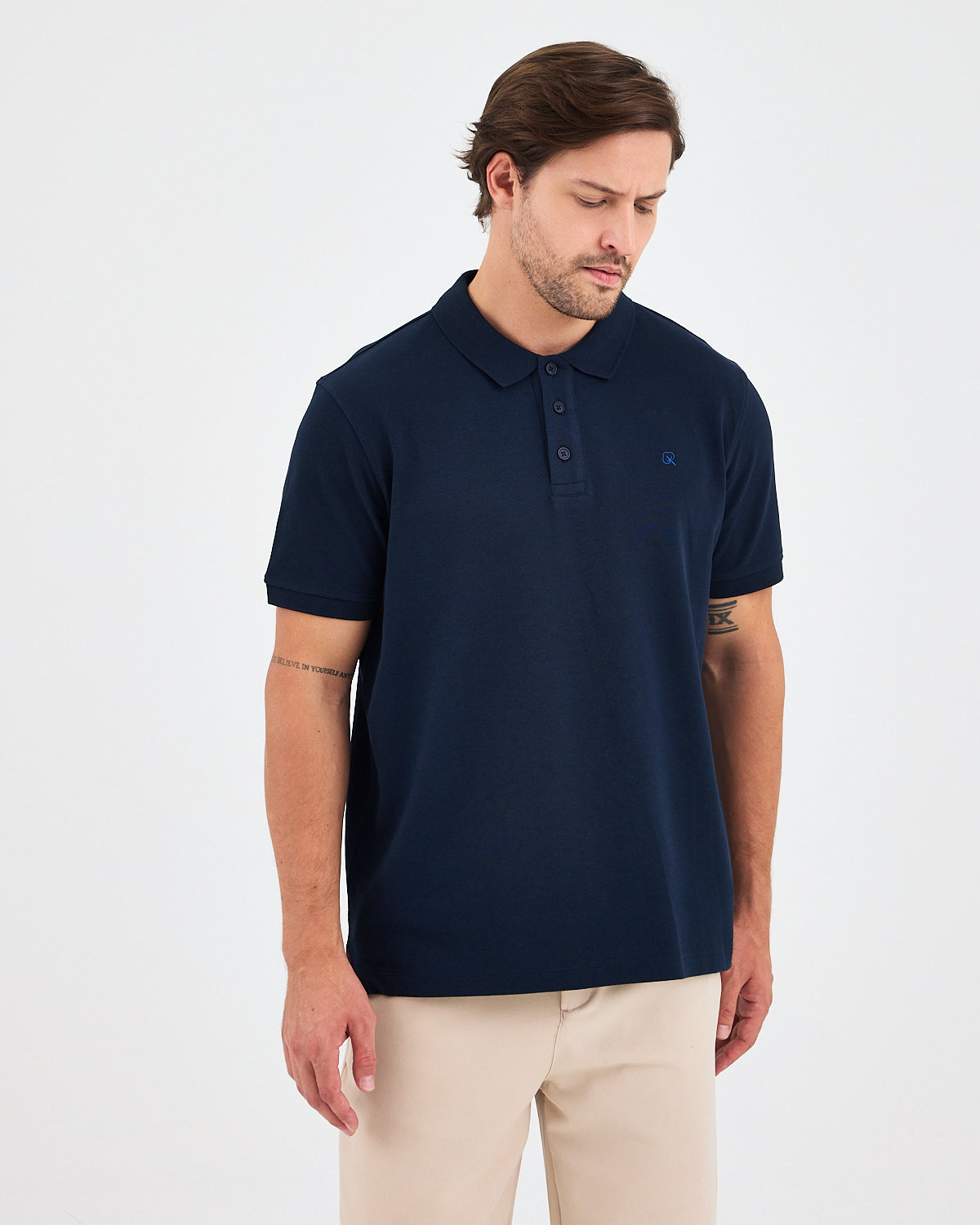 Erkek Lacivert Mavi Nakış Standart Kalıp Organik Pamuk Polo Yaka T-Shirt