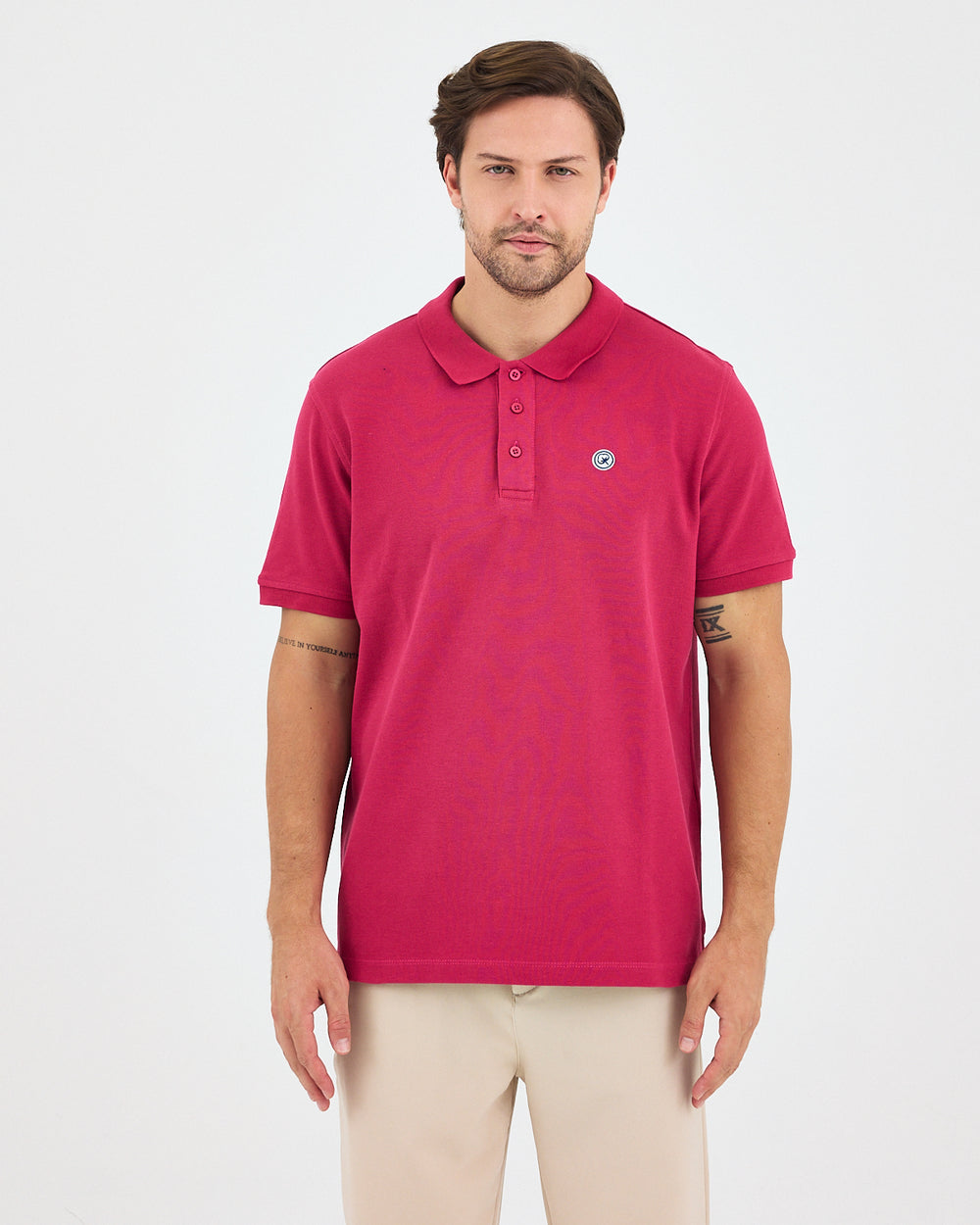 Erkek Bordo Beyaz Aplike Logo Organik Pamuk Standart Kesim Polo Yaka T-shirt