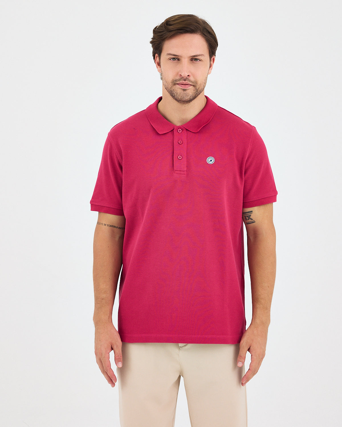 Men's White Applique Logo Organic Cotton Standard Fit Polo Neck T-shirt-10308C16