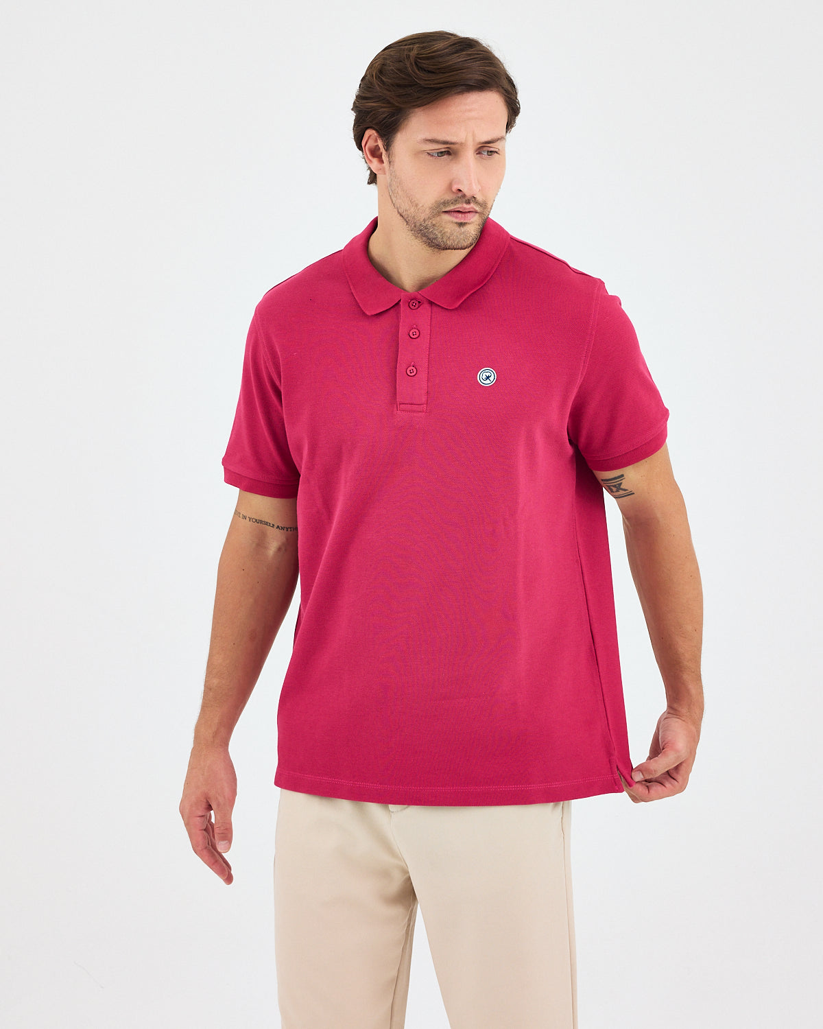 Men's White Applique Logo Organic Cotton Standard Fit Polo Neck T-shirt-10308C16