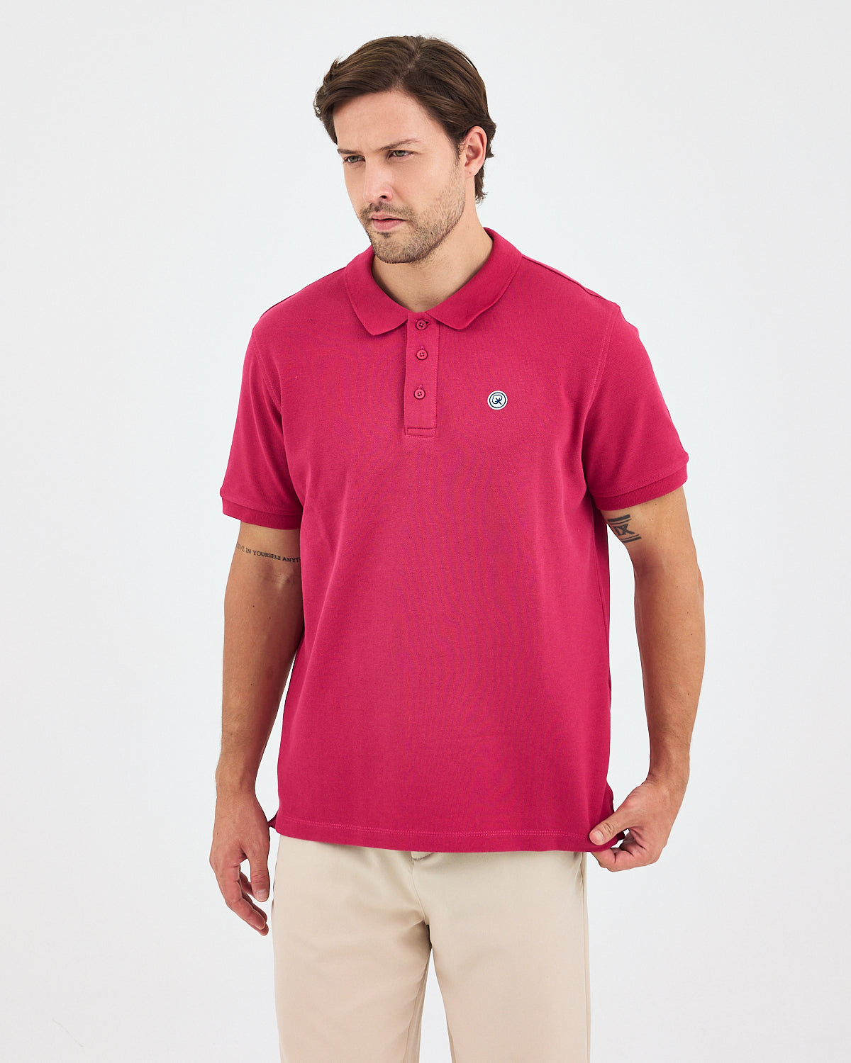 Men's White Applique Logo Organic Cotton Standard Fit Polo Neck T-shirt-10308C16