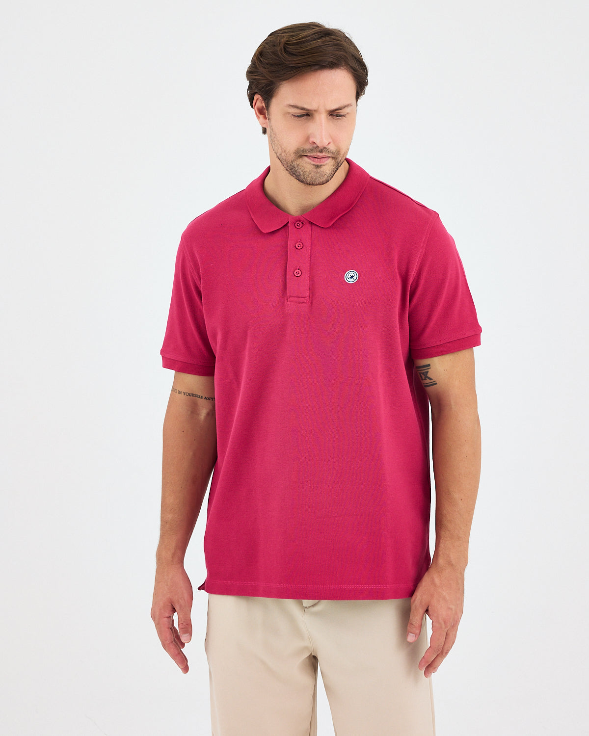 Men's White Applique Logo Organic Cotton Standard Fit Polo Neck T-shirt-10308C16