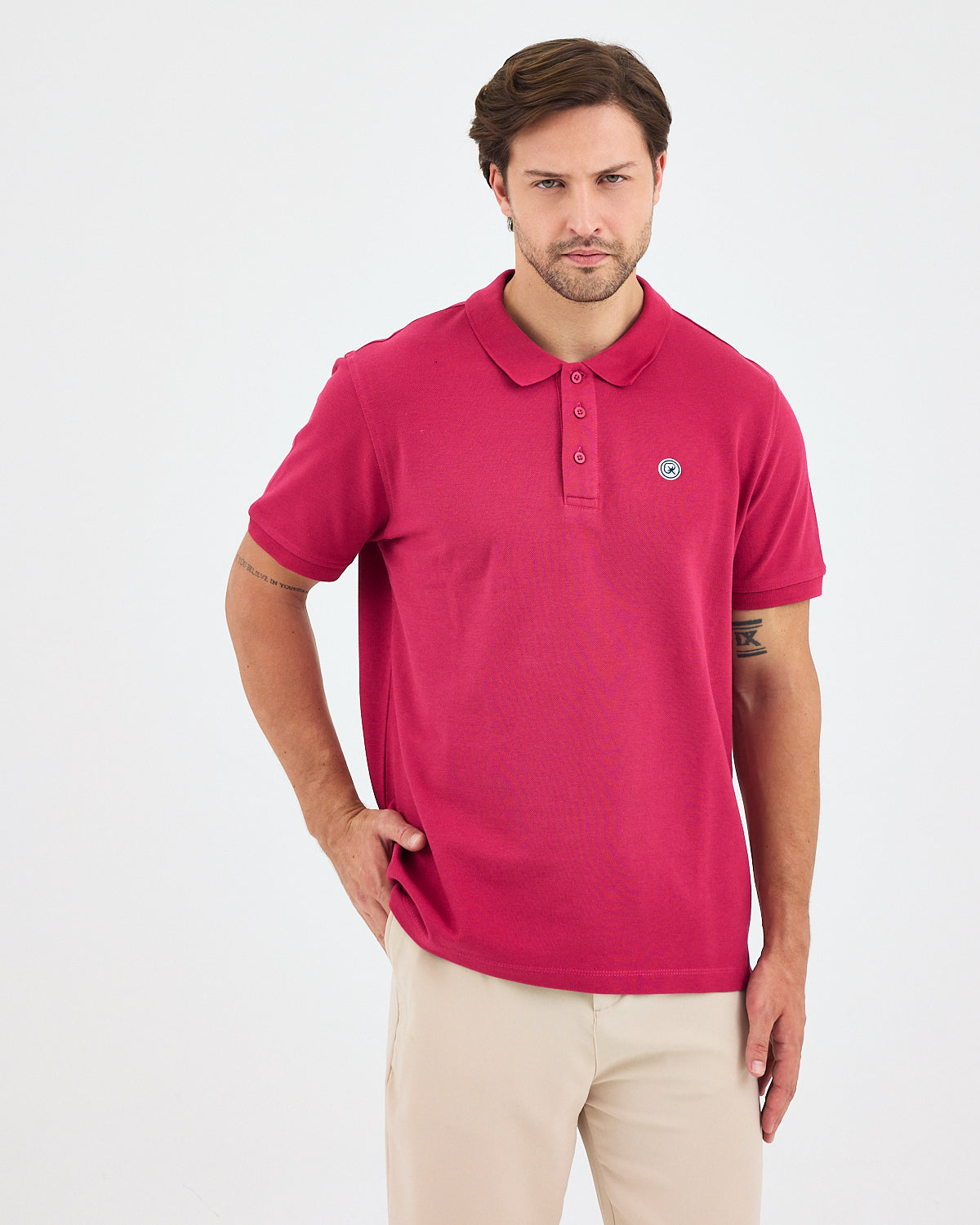 Men's White Applique Logo Organic Cotton Standard Fit Polo Neck T-shirt-10308C16