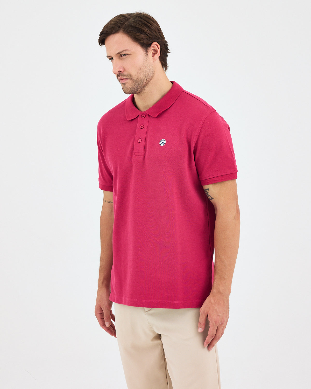 Men's White Applique Logo Organic Cotton Standard Fit Polo Neck T-shirt-10308C16
