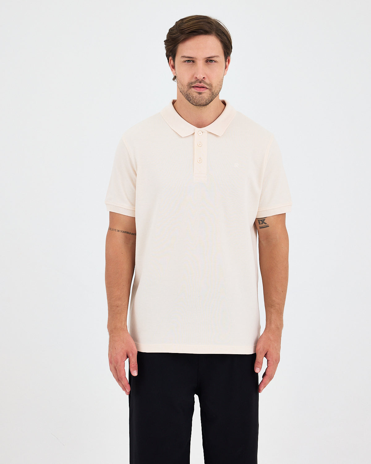 Erkek Ekru Nakış Organik Pamuklu Standart Kalıp Polo Yaka T-Shirt