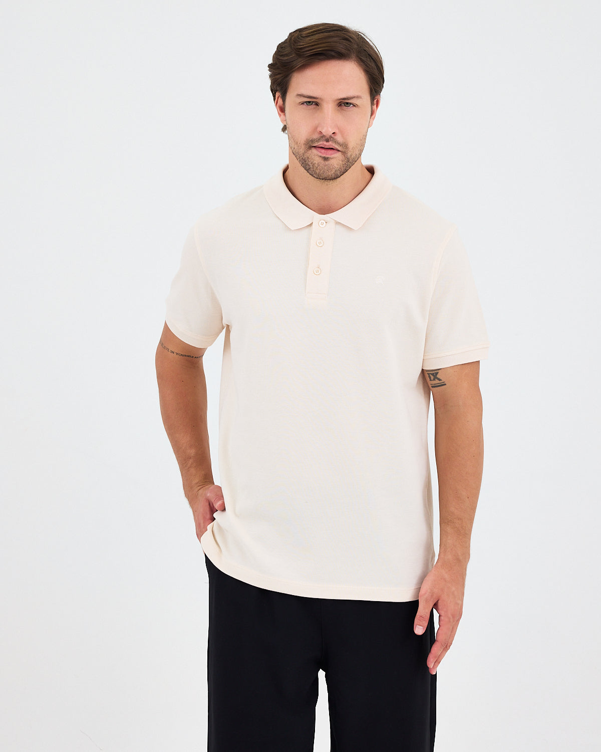 Erkek Ekru Nakış Organik Pamuklu Standart Kalıp Polo Yaka T-Shirt