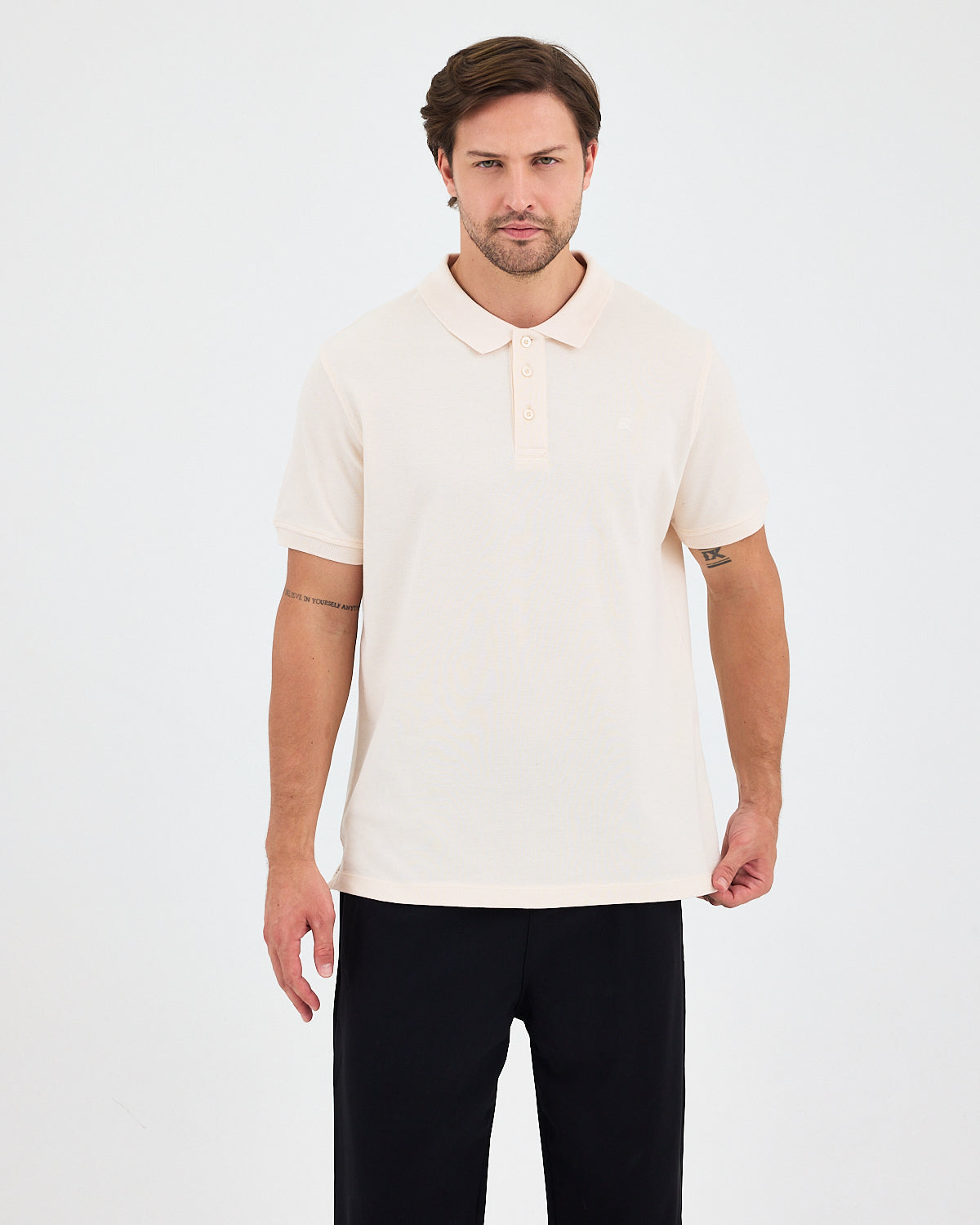 Erkek Ekru Nakış Organik Pamuklu Standart Kalıp Polo Yaka T-Shirt