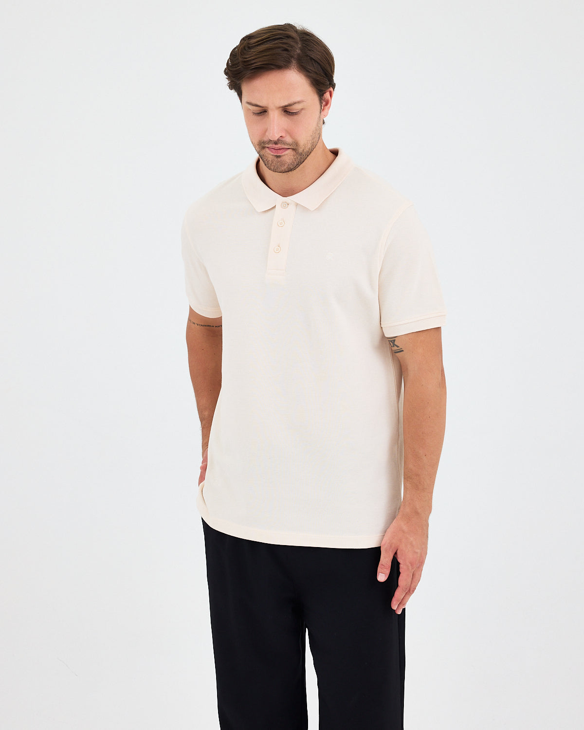 Erkek Ekru Nakış Organik Pamuklu Standart Kalıp Polo Yaka T-Shirt