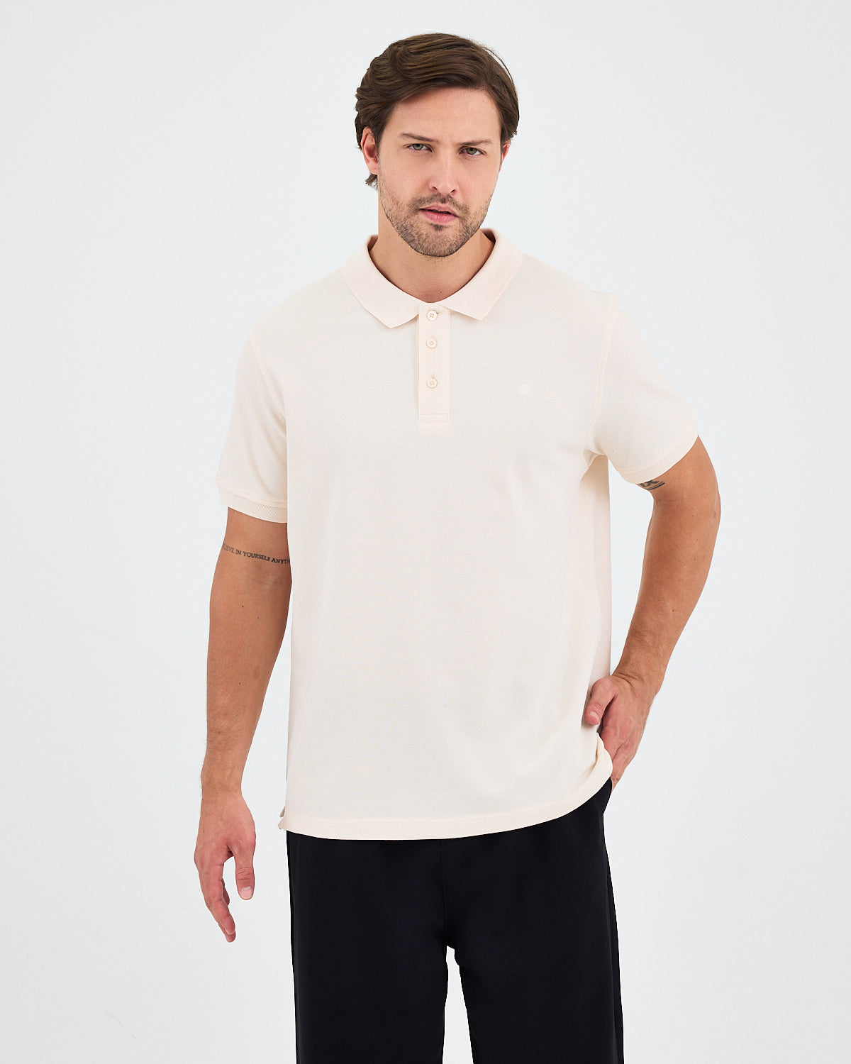 Erkek Ekru Nakış Organik Pamuklu Standart Kalıp Polo Yaka T-Shirt