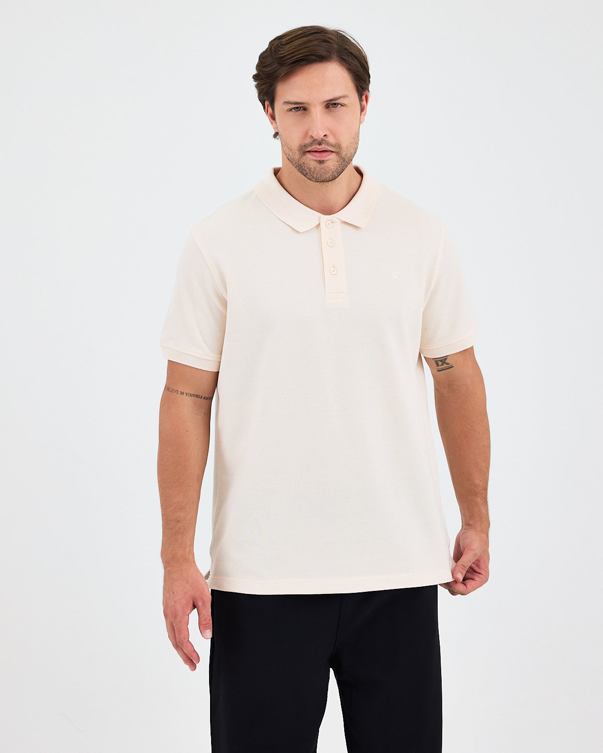 Erkek Ekru Nakış Organik Pamuklu Standart Kalıp Polo Yaka T-Shirt