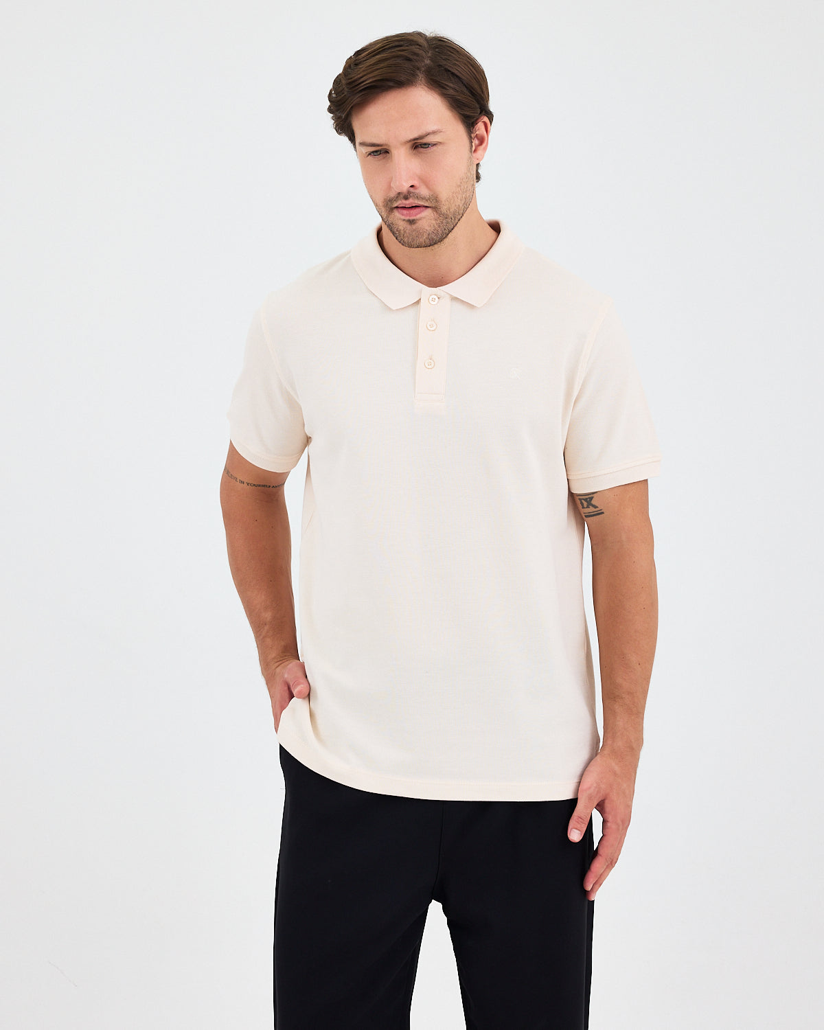 Erkek Ekru Nakış Organik Pamuklu Standart Kalıp Polo Yaka T-Shirt