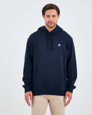 Unisex Lacivert Beyaz Aplike Logo Organik Pamuk Standart Kesim Kapüşonlu Sweatshirt