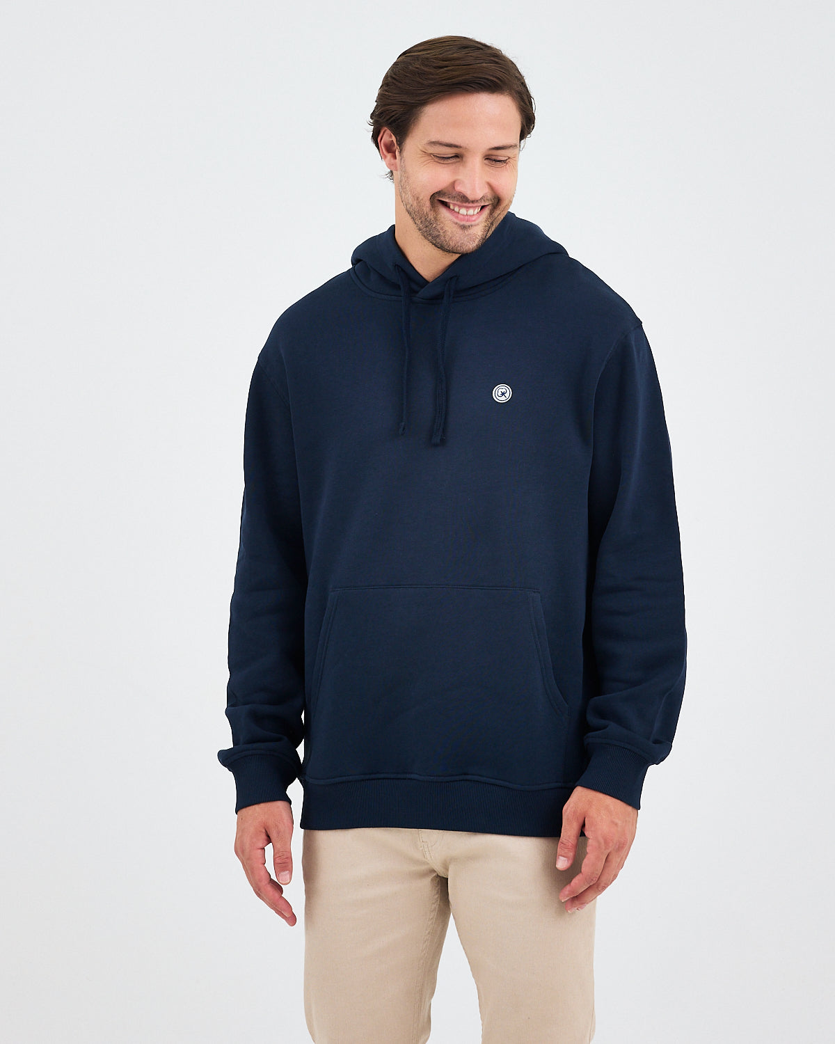 Unisex Lacivert Beyaz Aplike Logo Organik Pamuk Standart Kesim Kapüşonlu Sweatshirt
