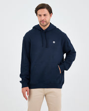 Unisex Lacivert Beyaz Aplike Logo Organik Pamuk Standart Kesim Kapüşonlu Sweatshirt