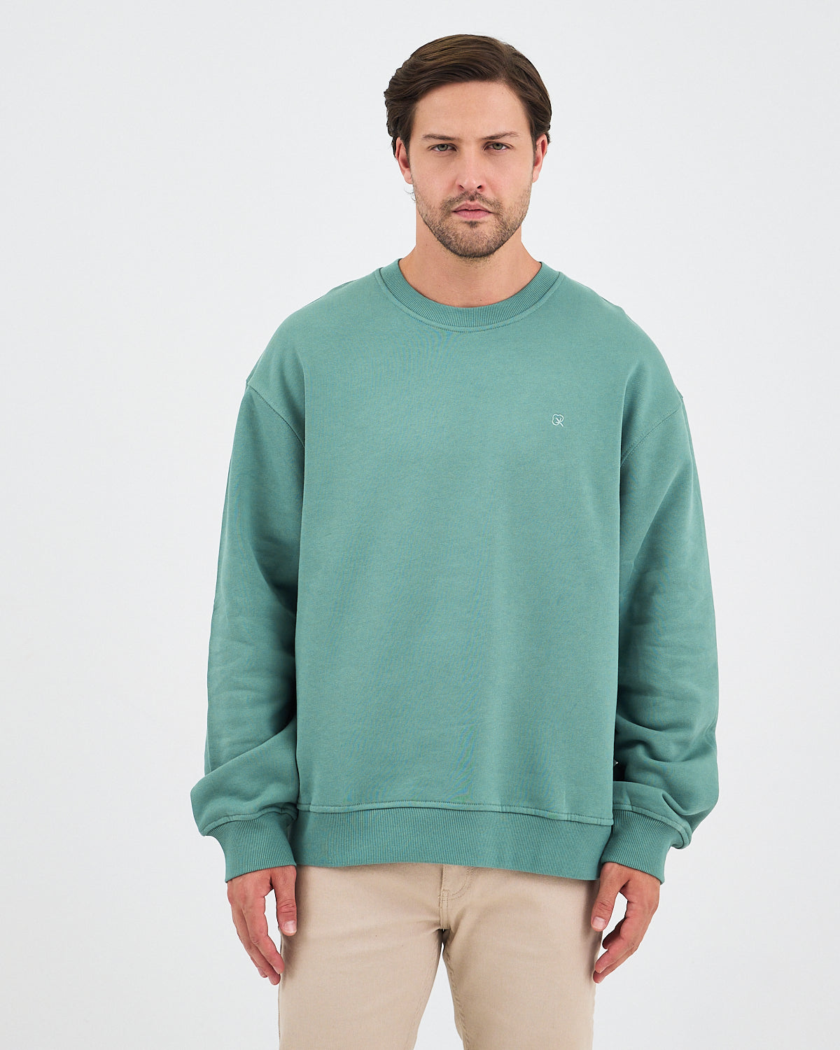Unisex Turkuaz Nakışlı Bisiklet Yaka Organik Pamuk Oversize Sweatshirt