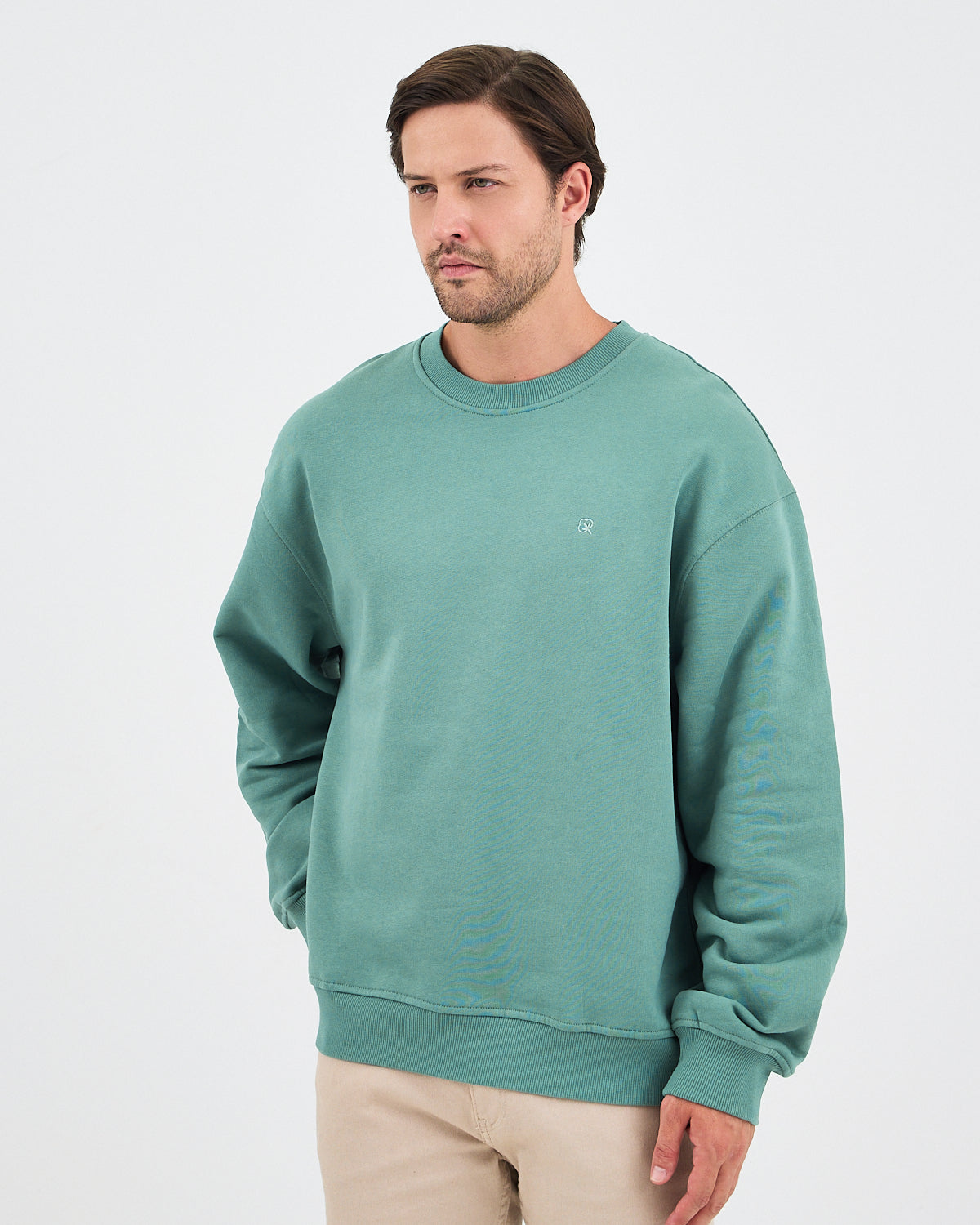 Unisex Turkuaz Nakışlı Bisiklet Yaka Organik Pamuk Oversize Sweatshirt