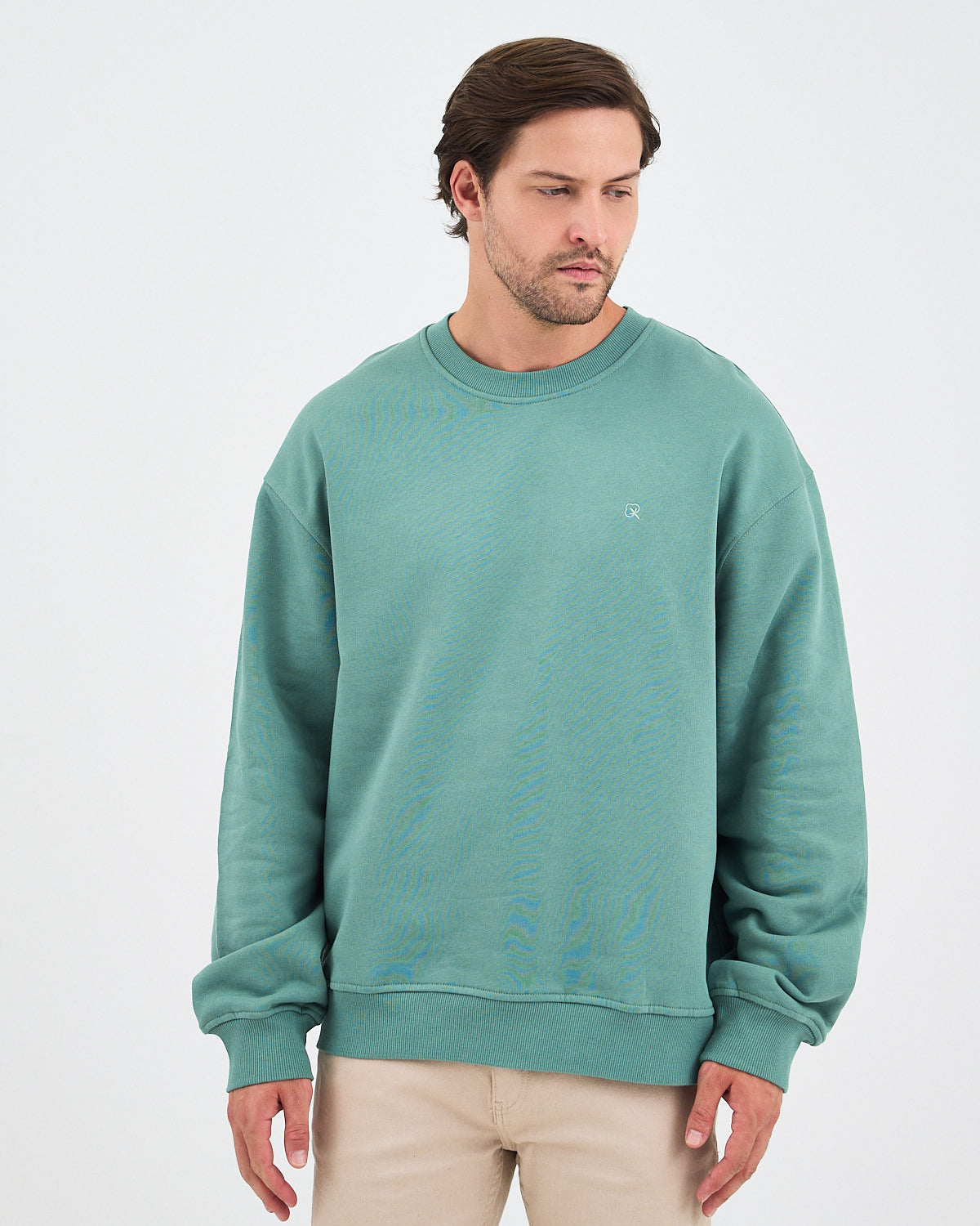 Unisex Turkuaz Nakışlı Bisiklet Yaka Organik Pamuk Oversize Sweatshirt