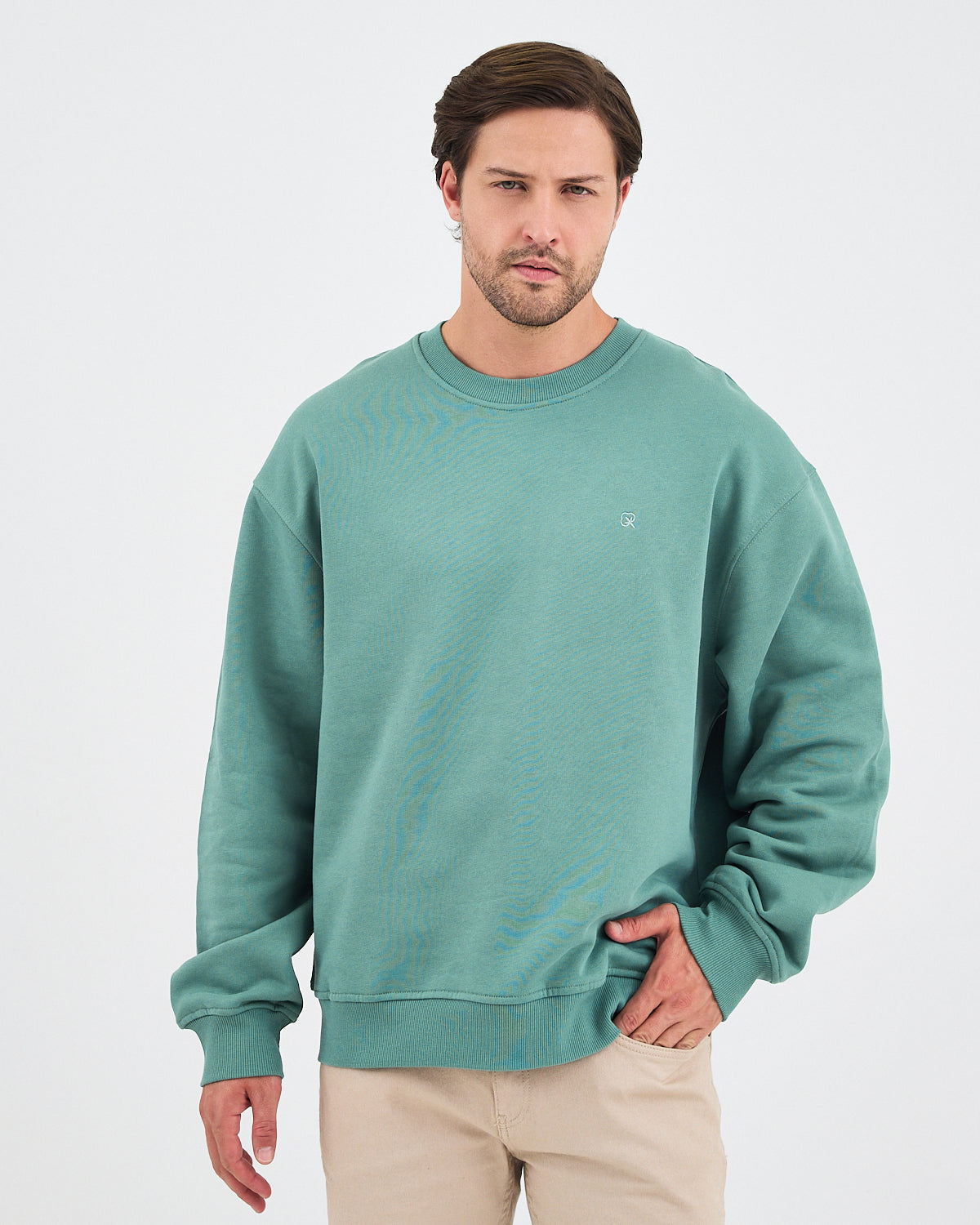 Unisex Turkuaz Nakışlı Bisiklet Yaka Organik Pamuk Oversize Sweatshirt