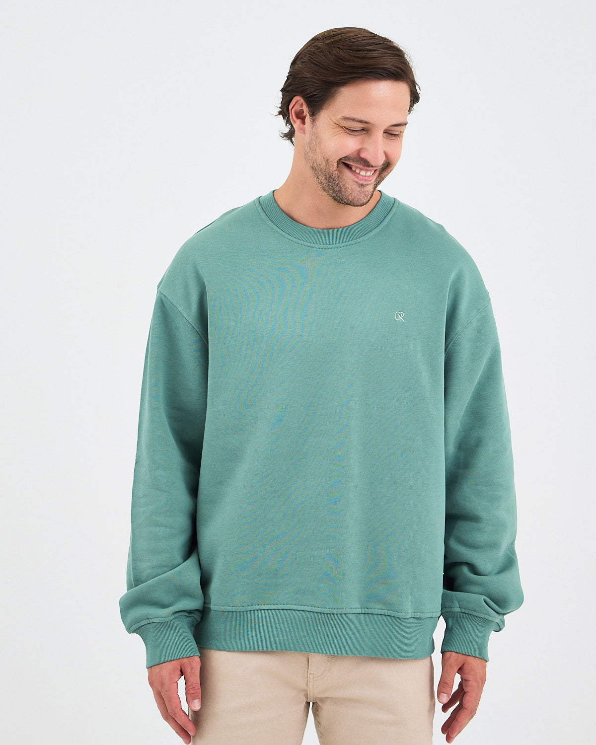 Unisex Turkuaz Nakışlı Bisiklet Yaka Organik Pamuk Oversize Sweatshirt