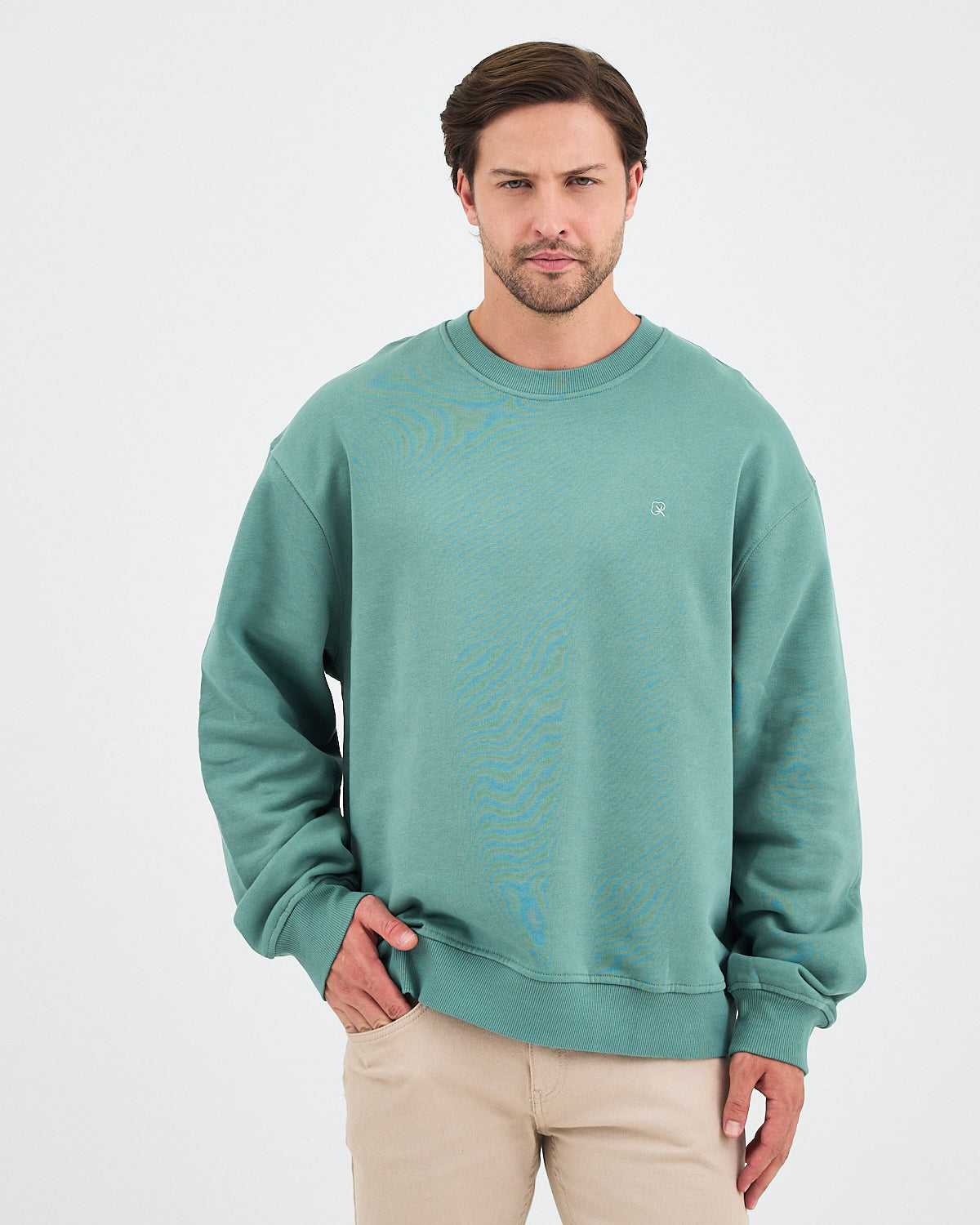 Unisex Turkuaz Nakışlı Bisiklet Yaka Organik Pamuk Oversize Sweatshirt
