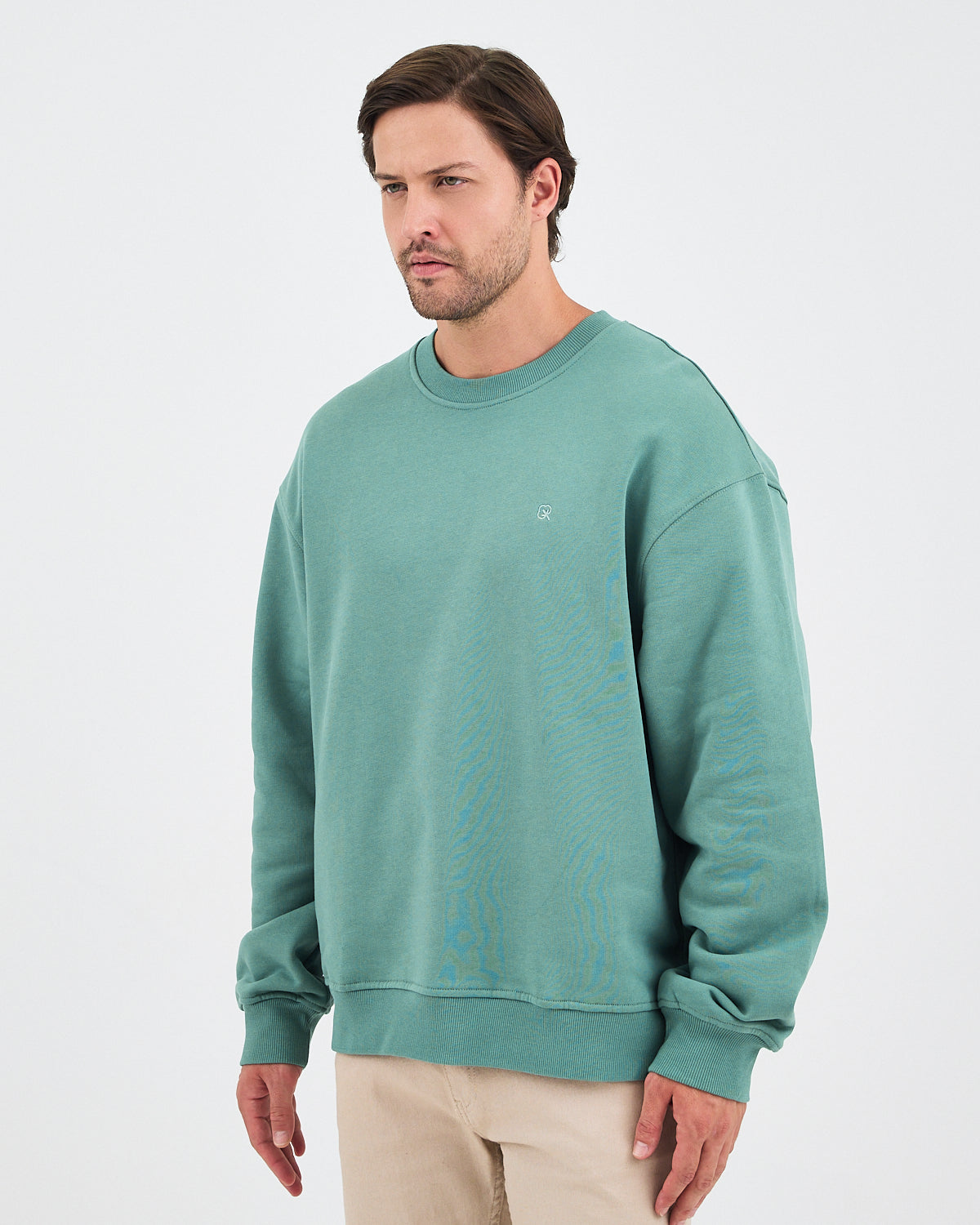Unisex Turkuaz Nakışlı Bisiklet Yaka Organik Pamuk Oversize Sweatshirt