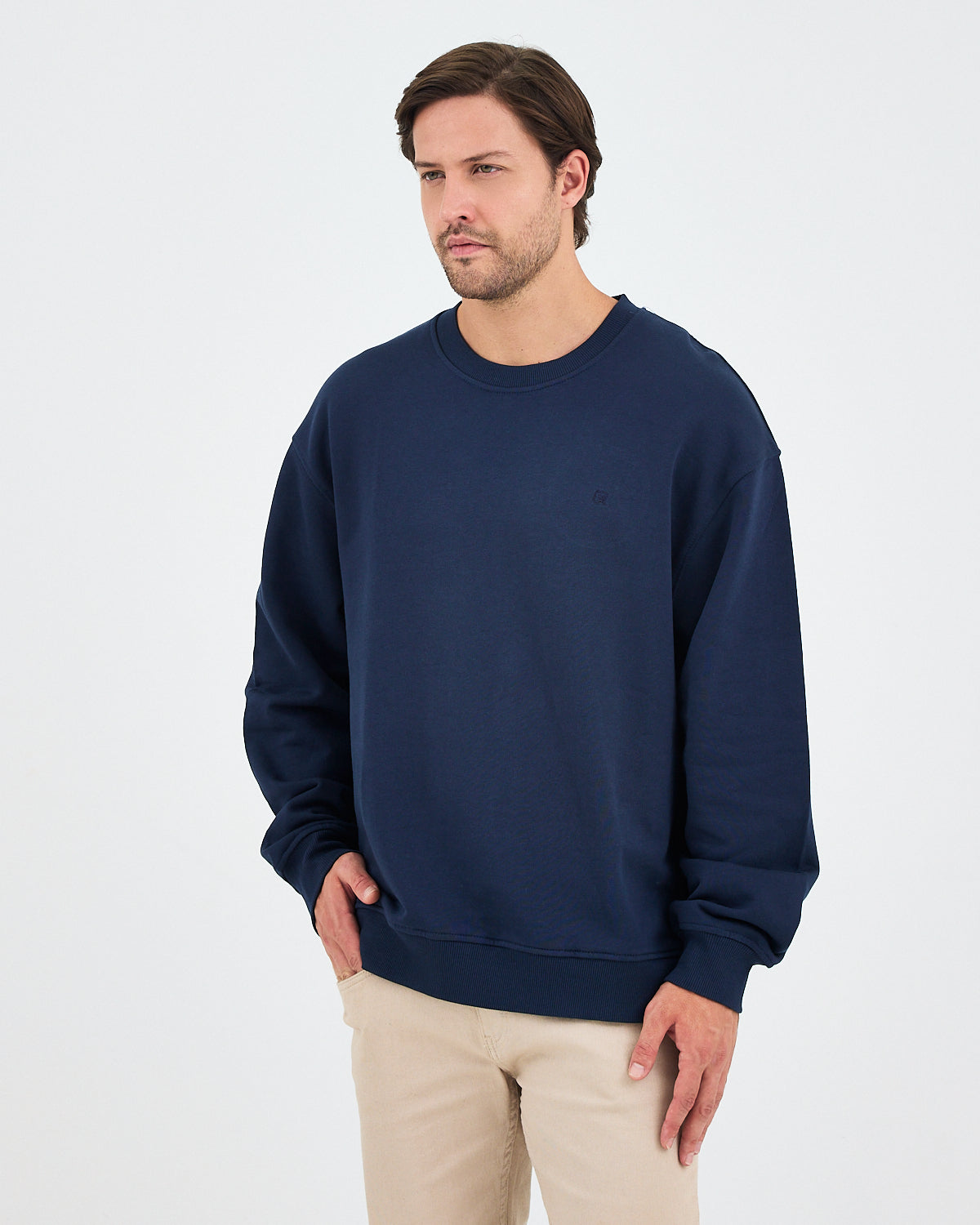 Unisex Lacivert Nakışlı Bisiklet Yaka Organik Pamuk Oversize Sweatshirt