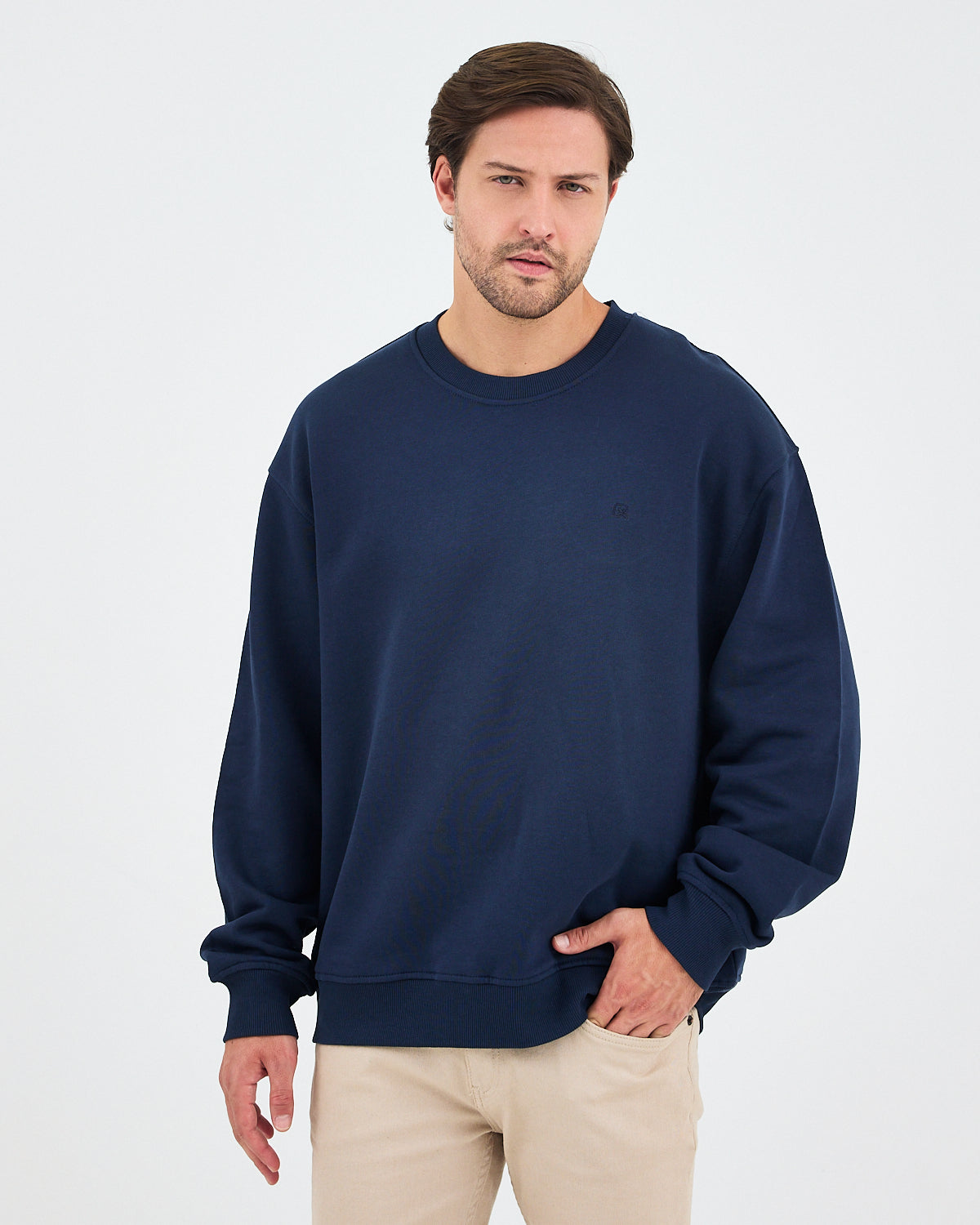 Unisex Lacivert Nakışlı Bisiklet Yaka Organik Pamuk Oversize Sweatshirt