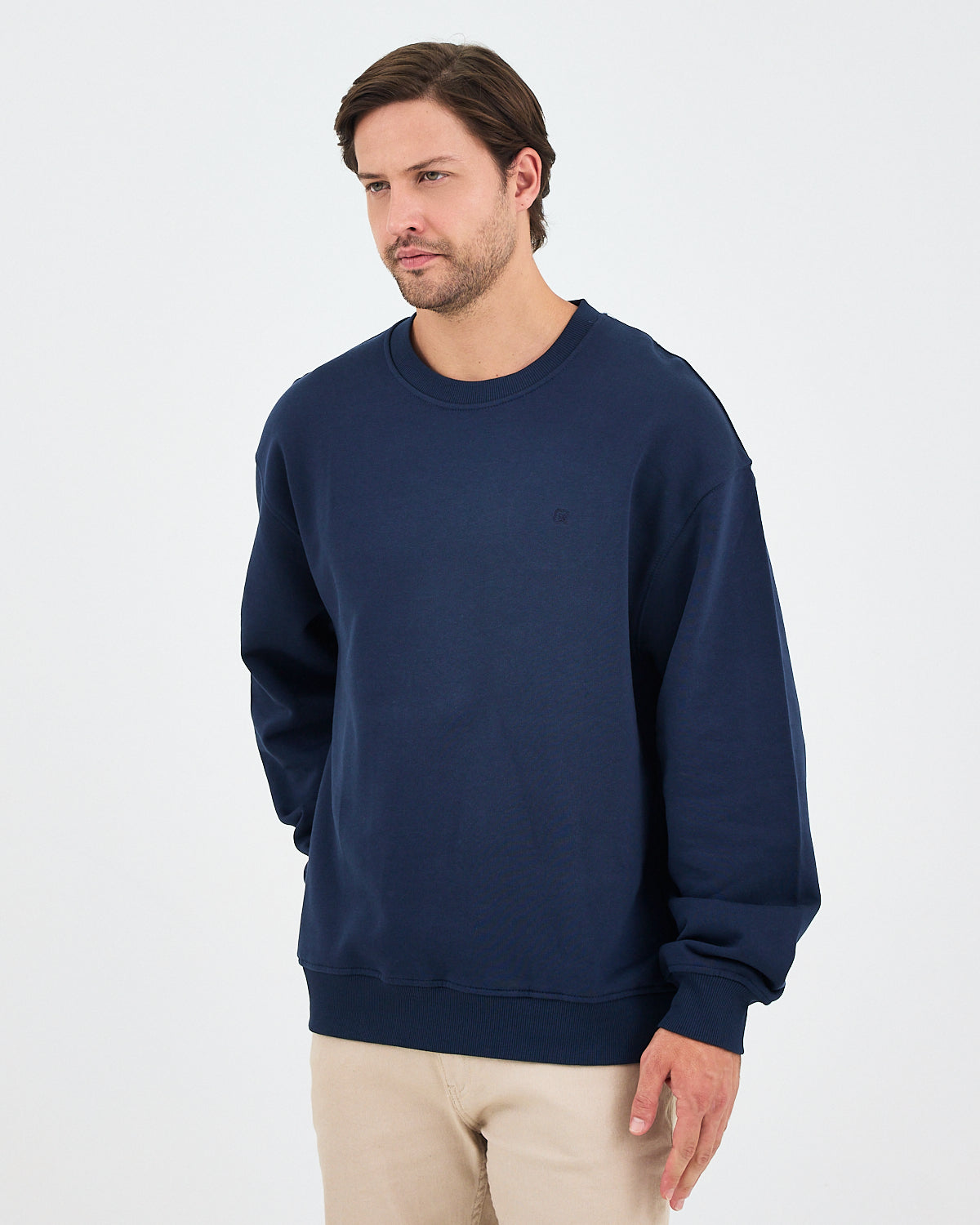 Unisex Lacivert Nakışlı Bisiklet Yaka Organik Pamuk Oversize Sweatshirt